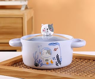 Cute Cartoon Characters Porcelain Ramen Noodle Bowl with Glass Lid 30 fl oz Bowl With Side Handles For Udong, Pho, Tomyum Ramen Noodle (Cat)