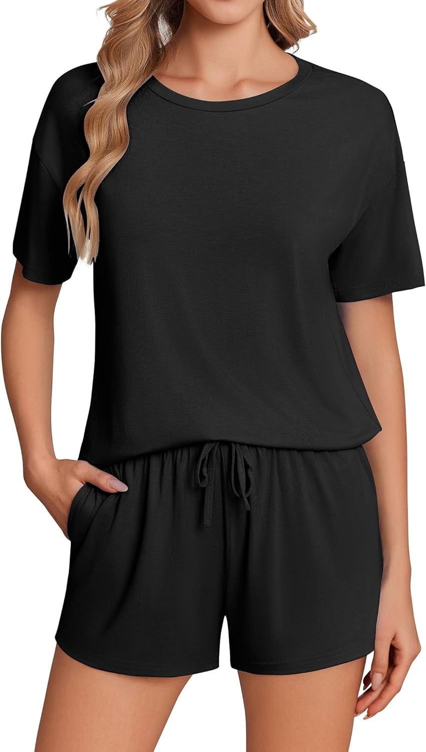 Ekouaer Pajama Set for Women Viscose from Bamboo Short Sleeve Tops and Shorts Set 2 Piece Lounge Set