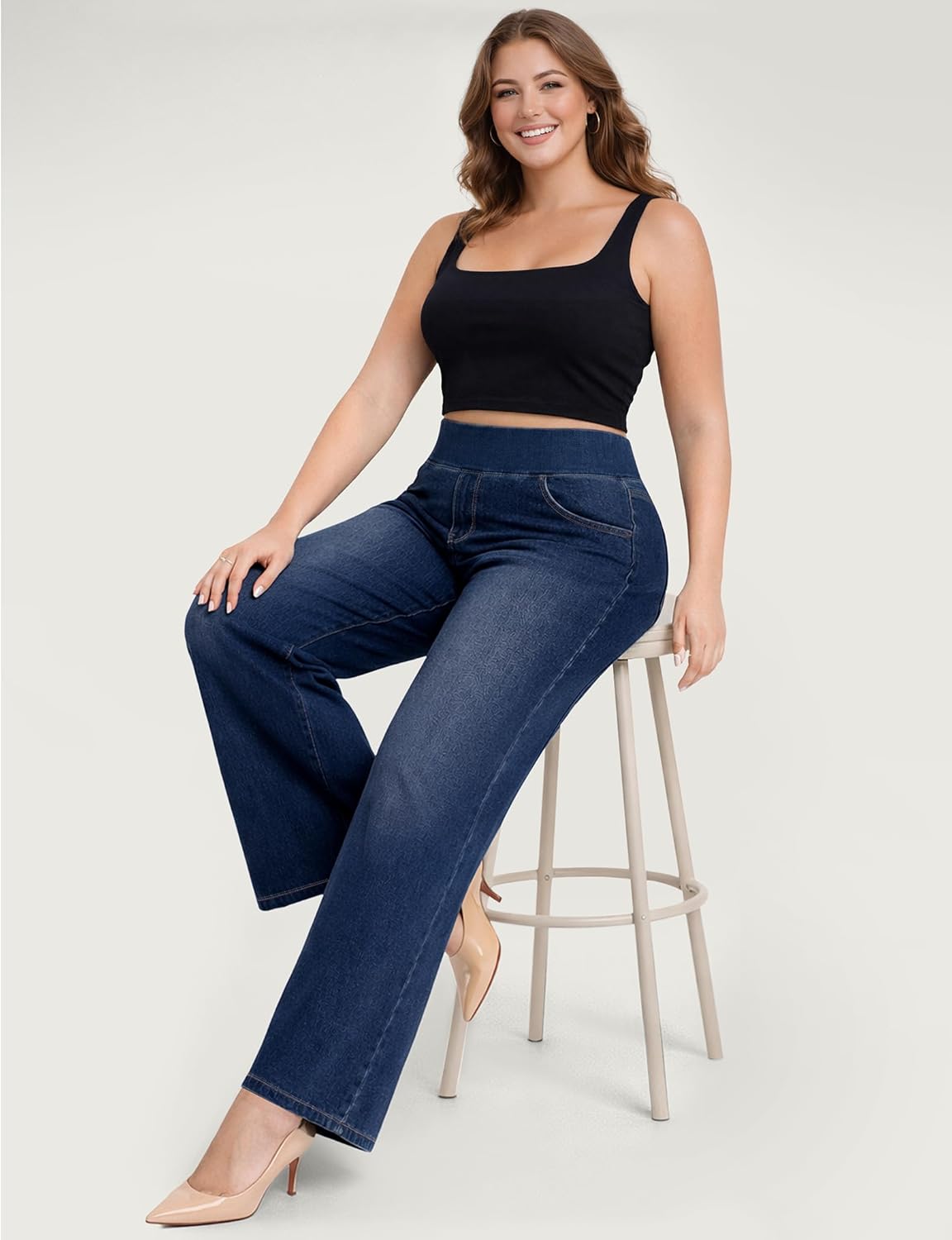 AVAMO Plus Size Jeans for Women Stretchy Wide Leg Pull On Sweatpant Jeans for Curvy Women High Waisted Baggy Denim Pants