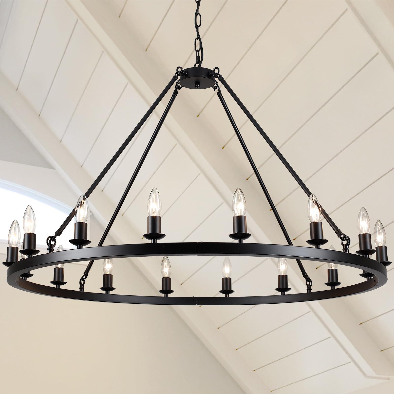 Kirahee Black Wagon Wheel Chandelier, 16-Lights Farmhouse High Ceiling Chandelier, 40" Large Round Industrial Chandeliers for Dining Room, Hallway, Living Room, Foyer,Island