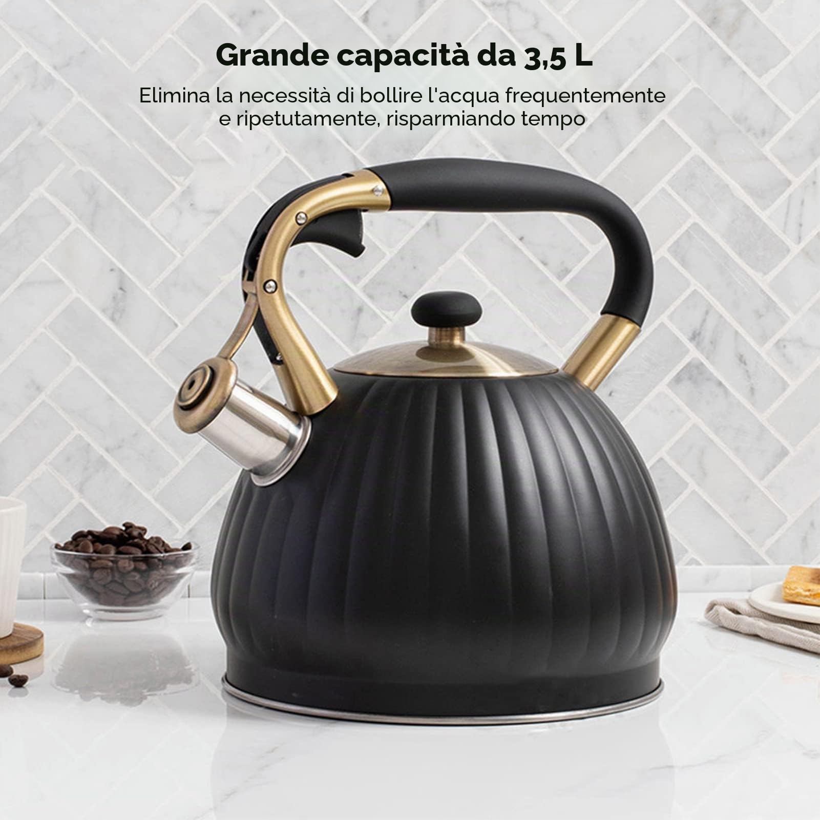 Bollitore per il tè con Fischio, Teiera con Fischio in Acciaio Inossidabile per Uso Alimentare di Grande capacità da 3,5 L con Manico Ergonomico Al Tocco Freddo per Piano Cottura