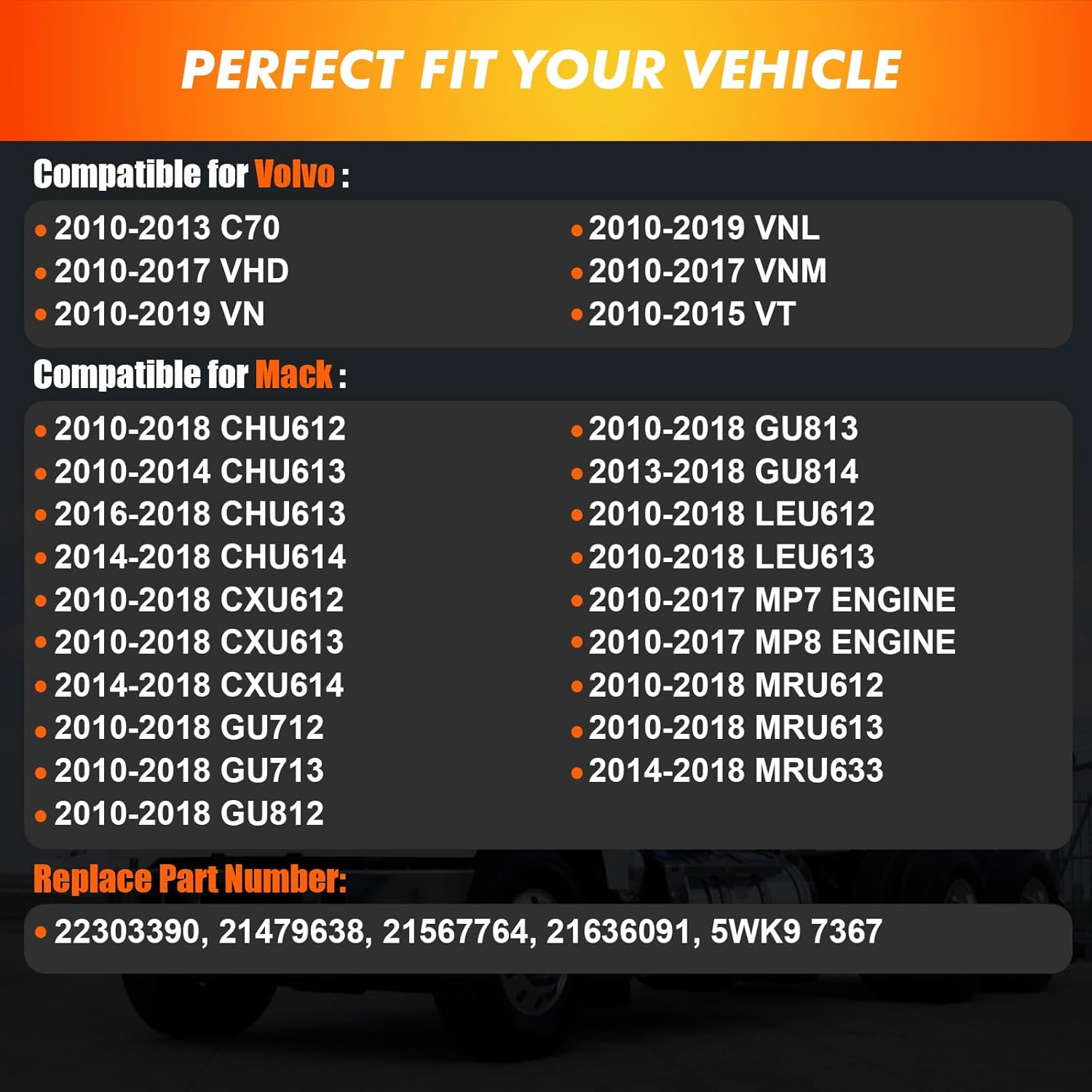 2010-2019 Outlet Nitrogen Oxygen Sensor Compatible for Volvo C70, VHD, VN, VNL, VNM, VT; Mack CHU612, CXU612, GU712 More 2010-2018,for Mack MP7, MP8 Engine, Replace 5WK9 7367 21479638 21567764