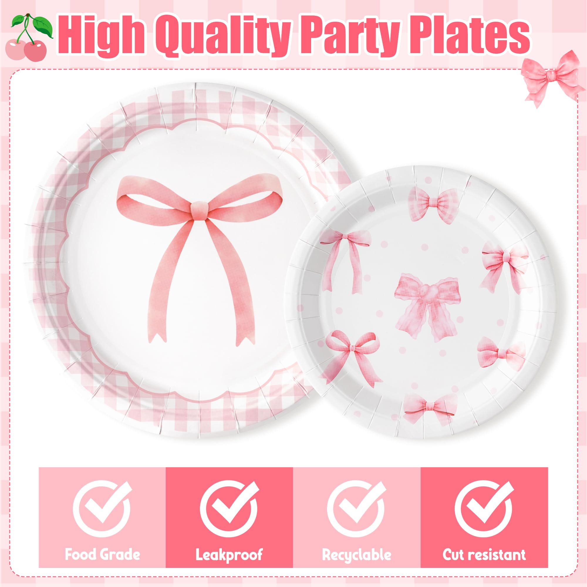 Pink Bow Party Plates & Supplies - 96 Piece Set -3