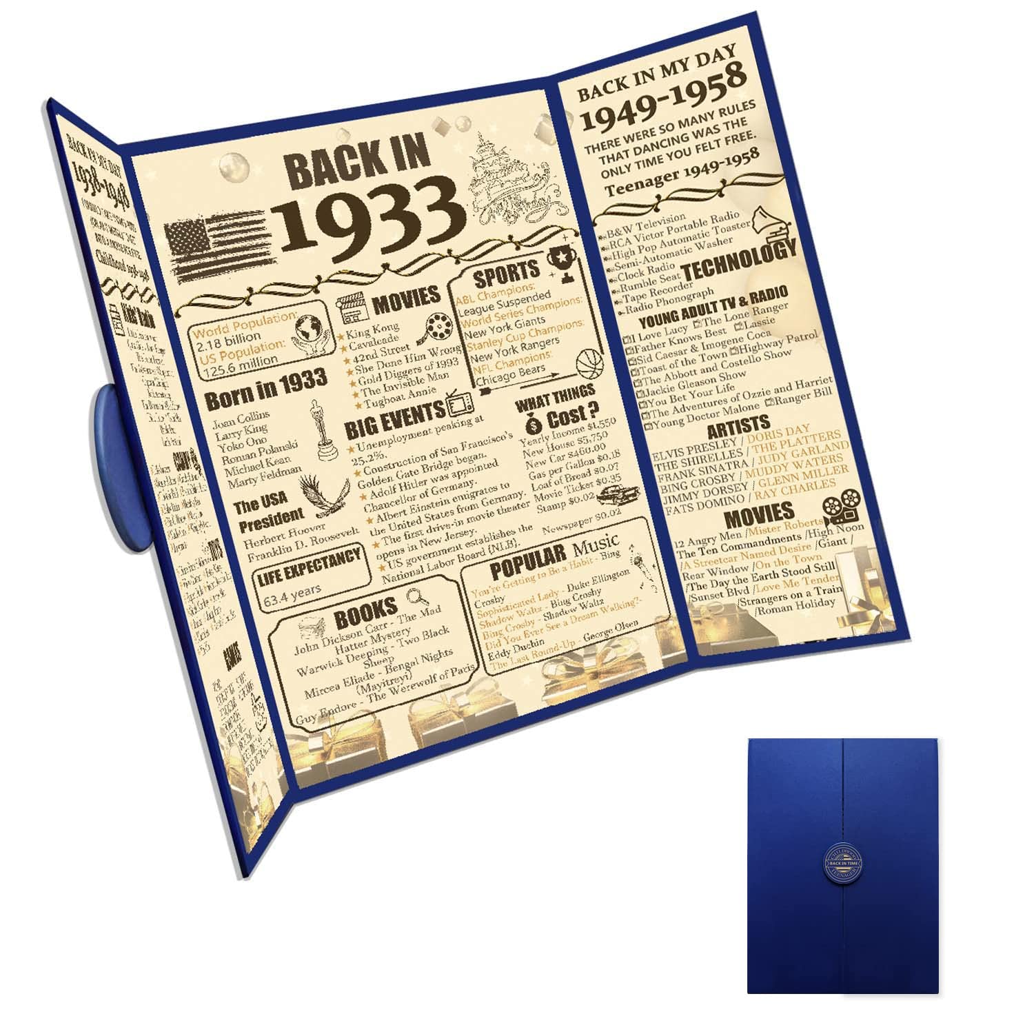 Photo 1 of 90th Birthday Decorations Party Poster, Back in 1933, 90th Anniversary Certificate Gift, Party Supplies Anniversary Decorations Birthday Gifts for Women & Men Turning 90 Years Old?Blue Shell Surface?