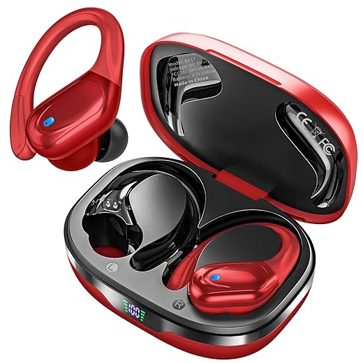 Wireless Earbuds, Sports Bluetooth Headphones, 80Hrs Playtime Ear Buds with LED Power Display, Noise Canceling Headset, IPX7 Waterproof Earphones for Workout/Running (Red)
