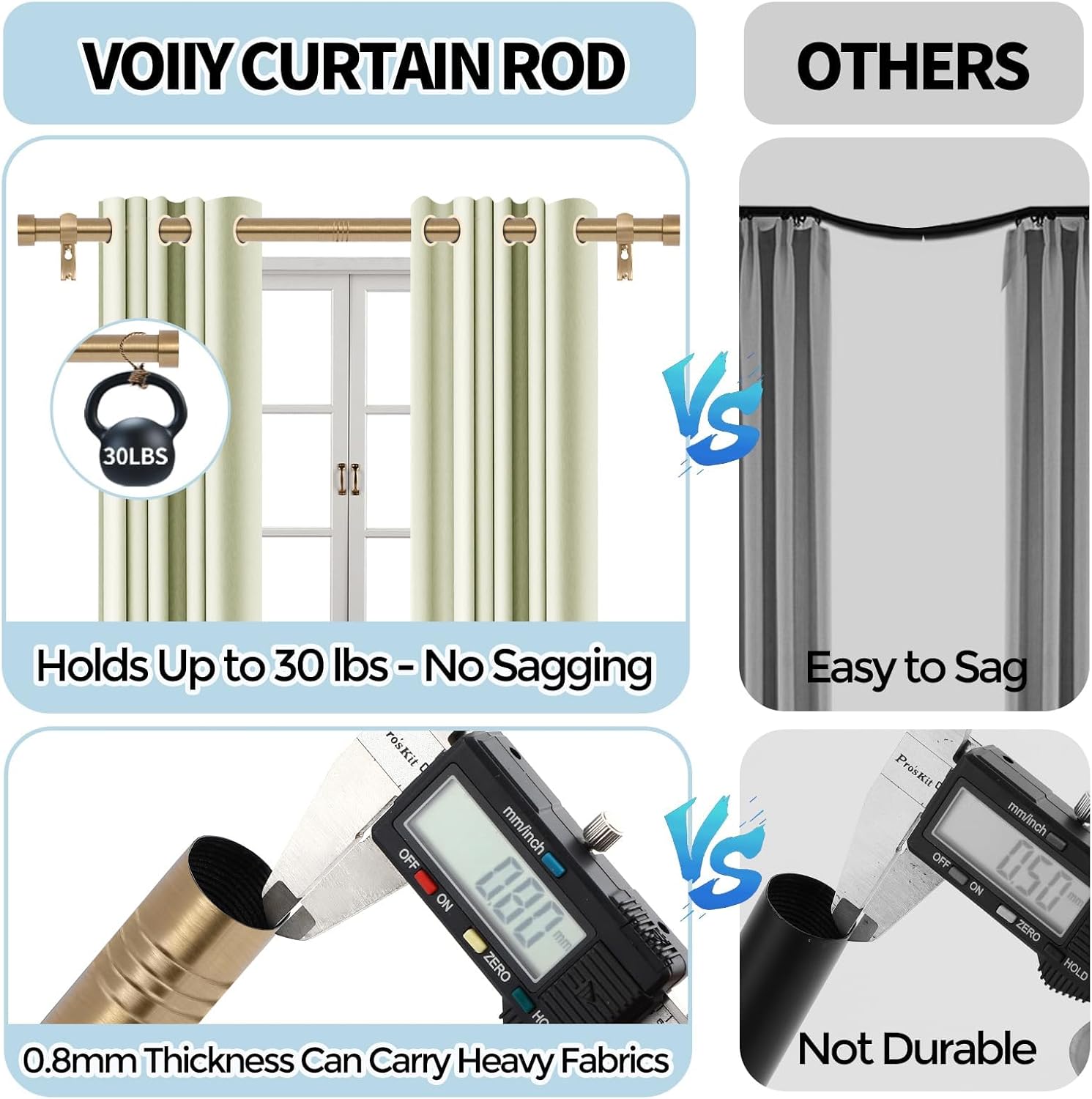 VOIIY Gold Curtain Rods for Windows, Drapery Rods with Modern Style End Cap Finials, Warm Gold, 30"-60"|2 Pack