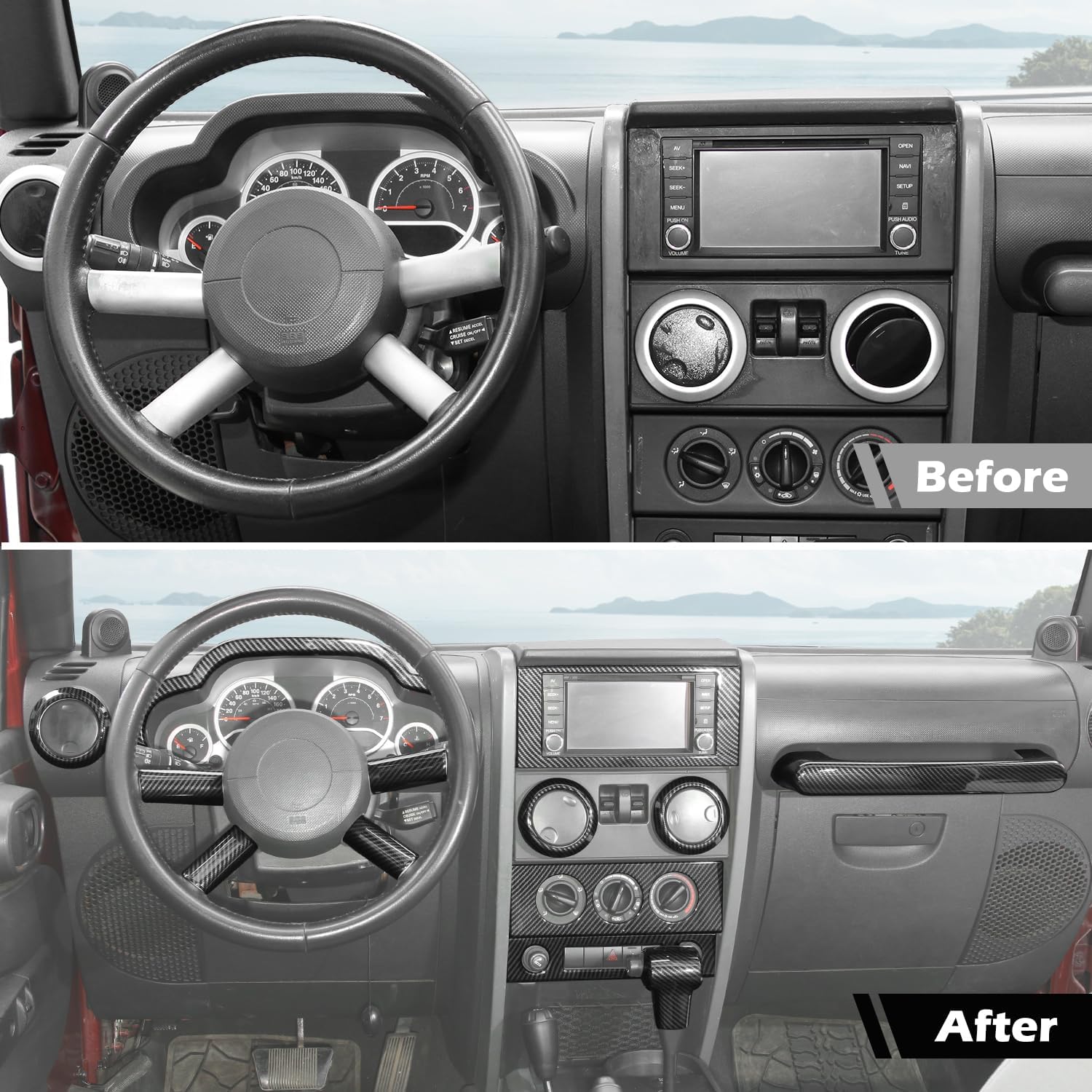 RT-TCZ for Wrangler JKU Carbon Fiber Interior Trim Kit, Center Dash AC Vent Trim Cover Bezel for Jeep Wrangler JKU 2007-2010 4DR Carbon Fiber Interior Accessories 16pcs