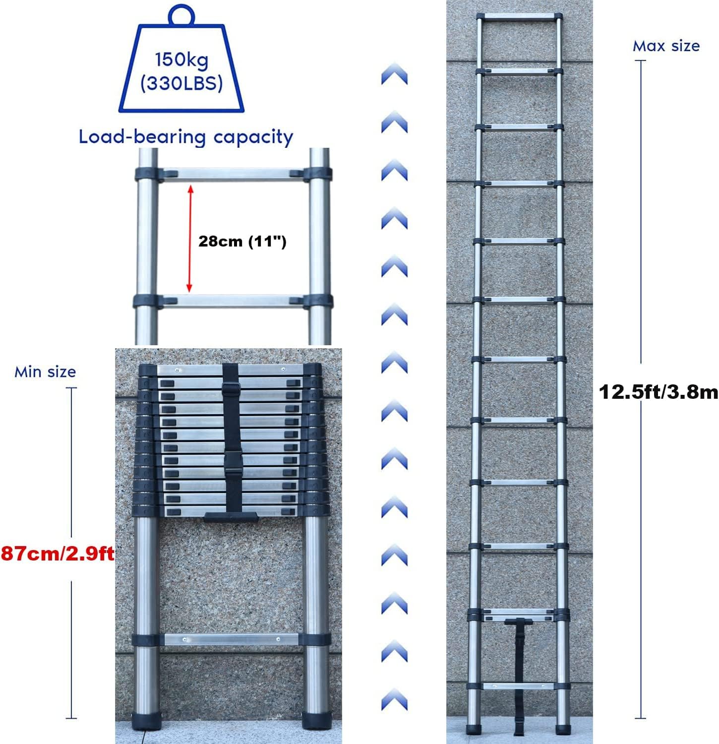 Drabina teleskopowa 3,8 m, 3,8 m, wielofunkcyjna drabina teleskopowa ze stali nierdzewnej, wysuwana, przenośna, stabilna drabina loftowa do ciągnięcia, ściany, wymiany, żarówki, czyszczenia okien