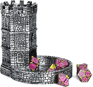 KSNDie Dice Tower with Tray, Wall Carving Dice Rolling Tray for Dungeons and Dragons | Easy Roller Perfect for Board Game, D&D and RPG, MTG (Ancient Silver)