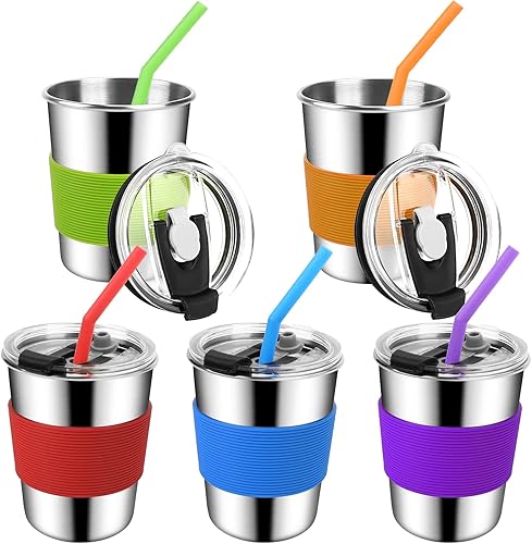 Miniatura 8 de ShineMe Vasos pequeños de 8 onzas a prueba de derrames, 5 vasos de acero inoxidable con tapas y fundas de silicona, vaso reutilizable para bebidas
