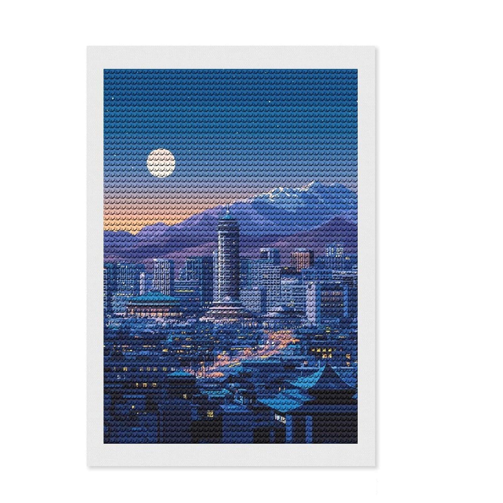 Junmoney Night Cityscape with Mountains and Moon Diamond Art Kit 8"x12", Full Kit Included, Living Room Decor, for Teens, Thoughtful Handmade Gift, with Tool Kit