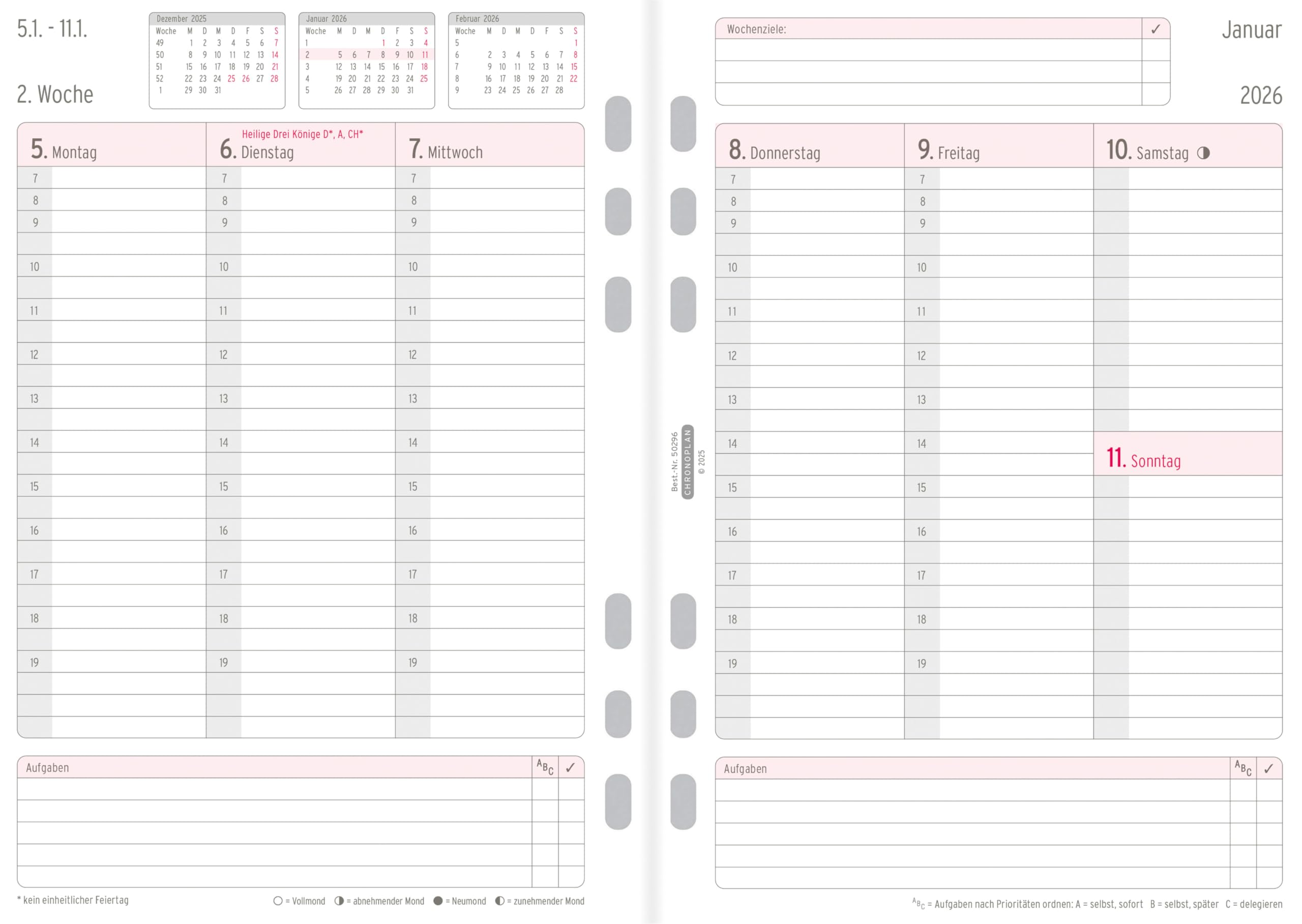Chronoplan 50296 Kalendereinlage 2026 (Jahres-Set A5 (148x210mm), Ersatzkalendarium für Terminplaner, Wochenplaner, für detaillierte Wochenplanung, 1 Woche auf 2 Seiten, mit Universallochung) weiß