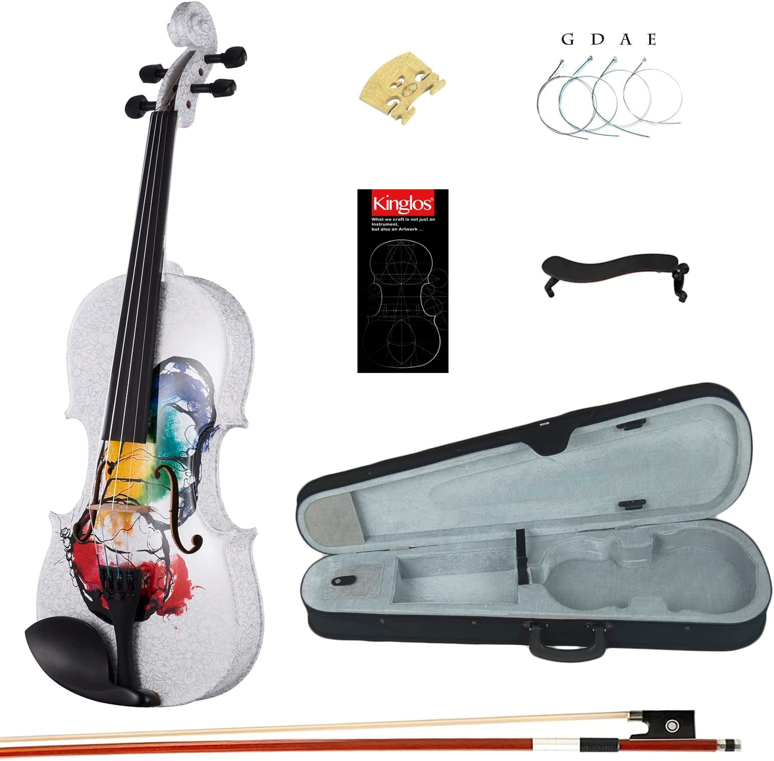 Kinglos4/4 Butterfly Colored Ebony Fitted Solid Wood Violin Kit with Case, Shoulder Rest, Bow, Manual, Extra Bridge and Strings Full Size (NHS3002)