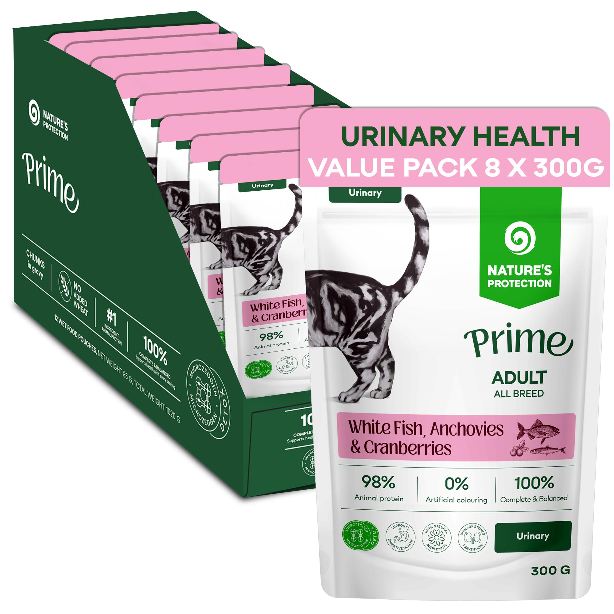 Nature’s Protection Prime Wet Cat Food Pouches for Adult Cats, Hypoallergenic Cat Food in Gravy with White Fish, Anchovies and Cranberries, Urinary Health Support, Mega Pack 8 x 300g — image 1