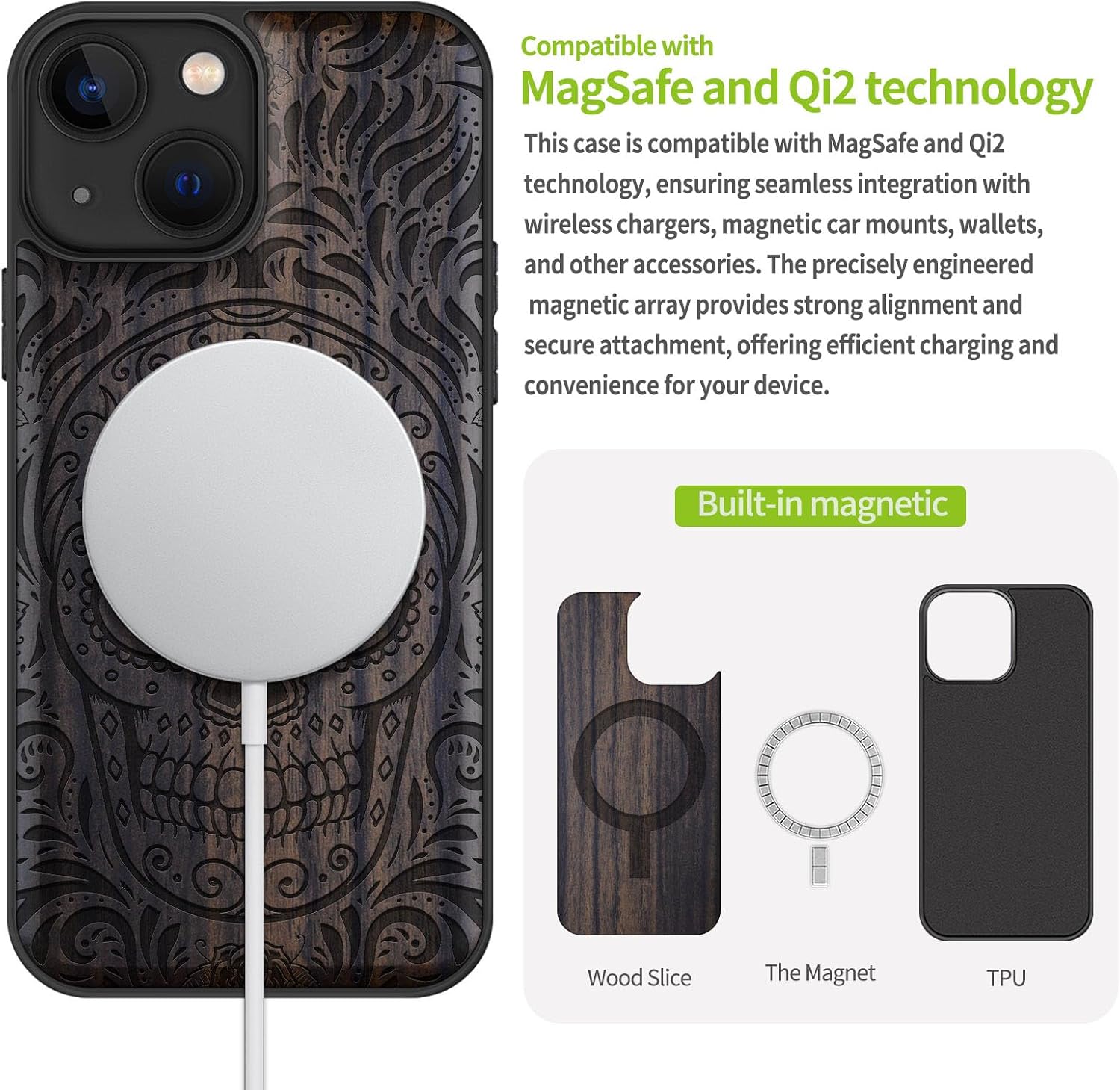 Carveit Magnetic Wood Case for iPhone 13 Mini Case [Hard Real Wood & Soft TPU] Unique & Classy Wooden Shockproof Hybrid Protective Cover Compatible with MagSafe (Diamond Sugar Skull -Blackwood)