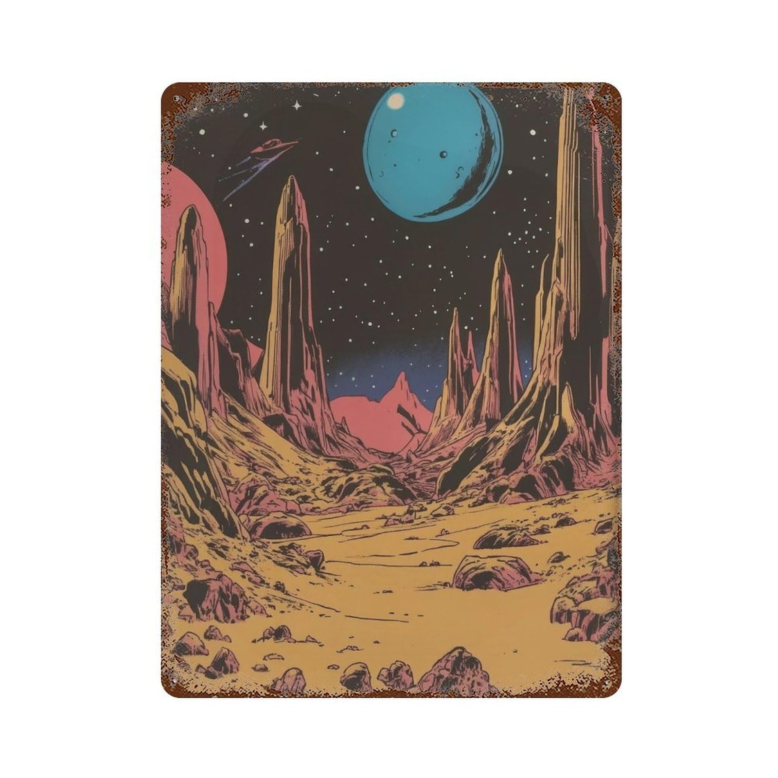 xiaoxiaoshen Cosmic Landscape Surreal Mountains And Planets Wall Decor Art Metal Tin Poster Modern Home Decor Art Home Bar Shop Decorations Vintage Sign 40x30cm
