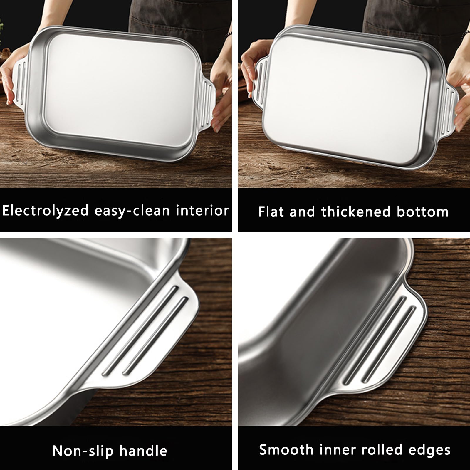 Bandeja rectangular de acero inoxidable para lasaña, 5 tamaños, bandeja profunda para hornear pasteles, galletas, plato de comida para hornear panes, pavo, pescado, verduras (45 cm, poco profunda)