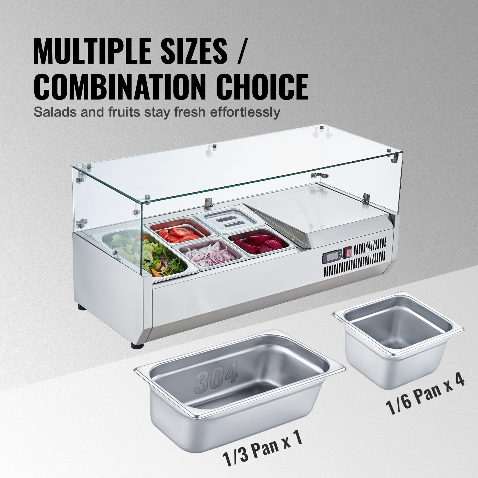 VEVOR Stazione di Preparazione Refrigerata per Condimenti da Banco 140 W Stazione di Preparazione per Frigorifero con 1 Vaschetta 1/3, 4 Vaschette 1/6, Corpo in Acciaio Inossidabile 304, Coperchio PC