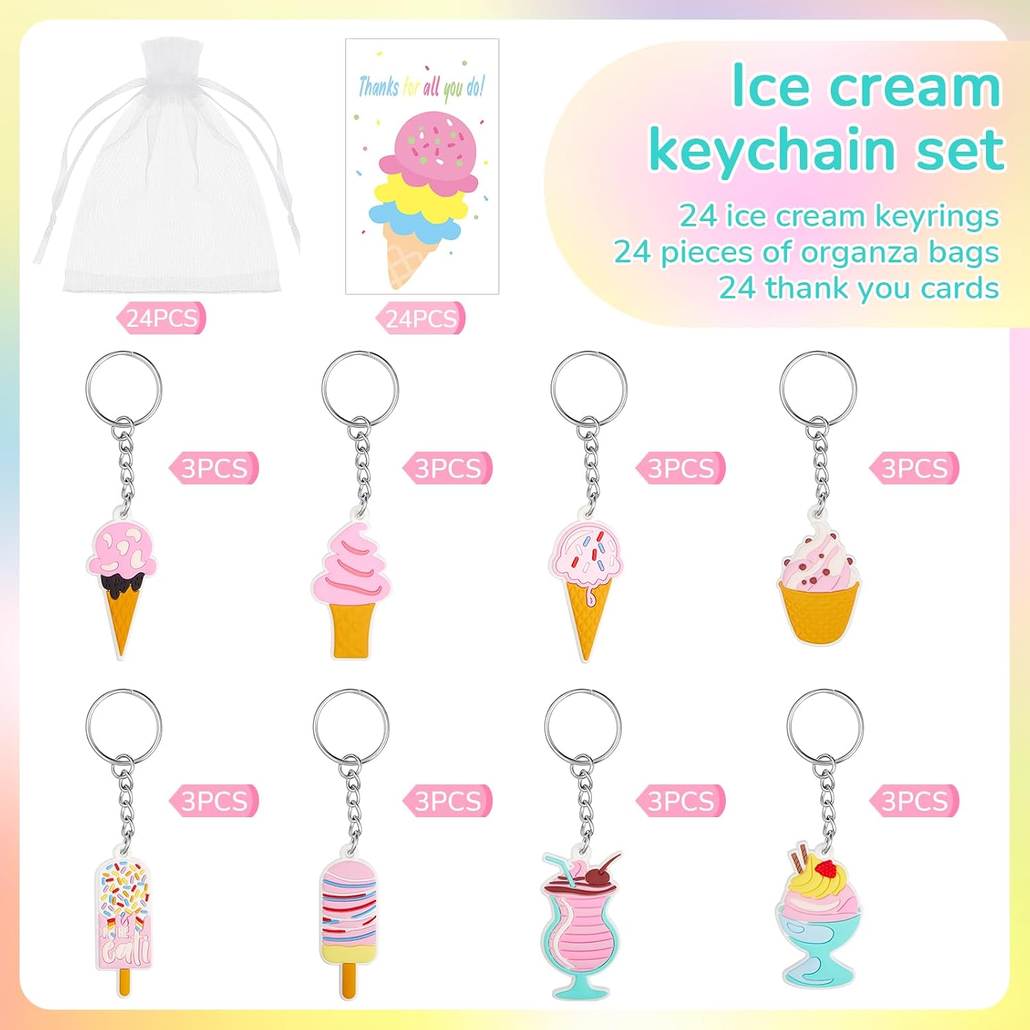24 Set Ice Cream Keychains Party Favors, Cute Dessert Keyring Bulk with Organza Bags and Thank You Cards, Assorted Ice Cream Theme Gift Set for Birthday, Summer Party, Goodie Bags, Appreciation Gifts