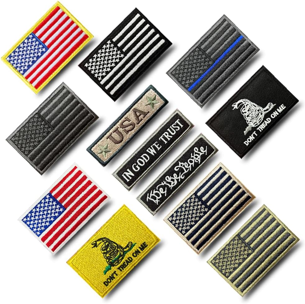 American Flag Patch Bundle 12 Pcs Set, Full Embroidery Iron on Sew on Tactical Morale Military USA Uniform Emblem Patches for Clothes,Hats,Backpack, Dog Vest Harness, Tactical Army Gears Etc