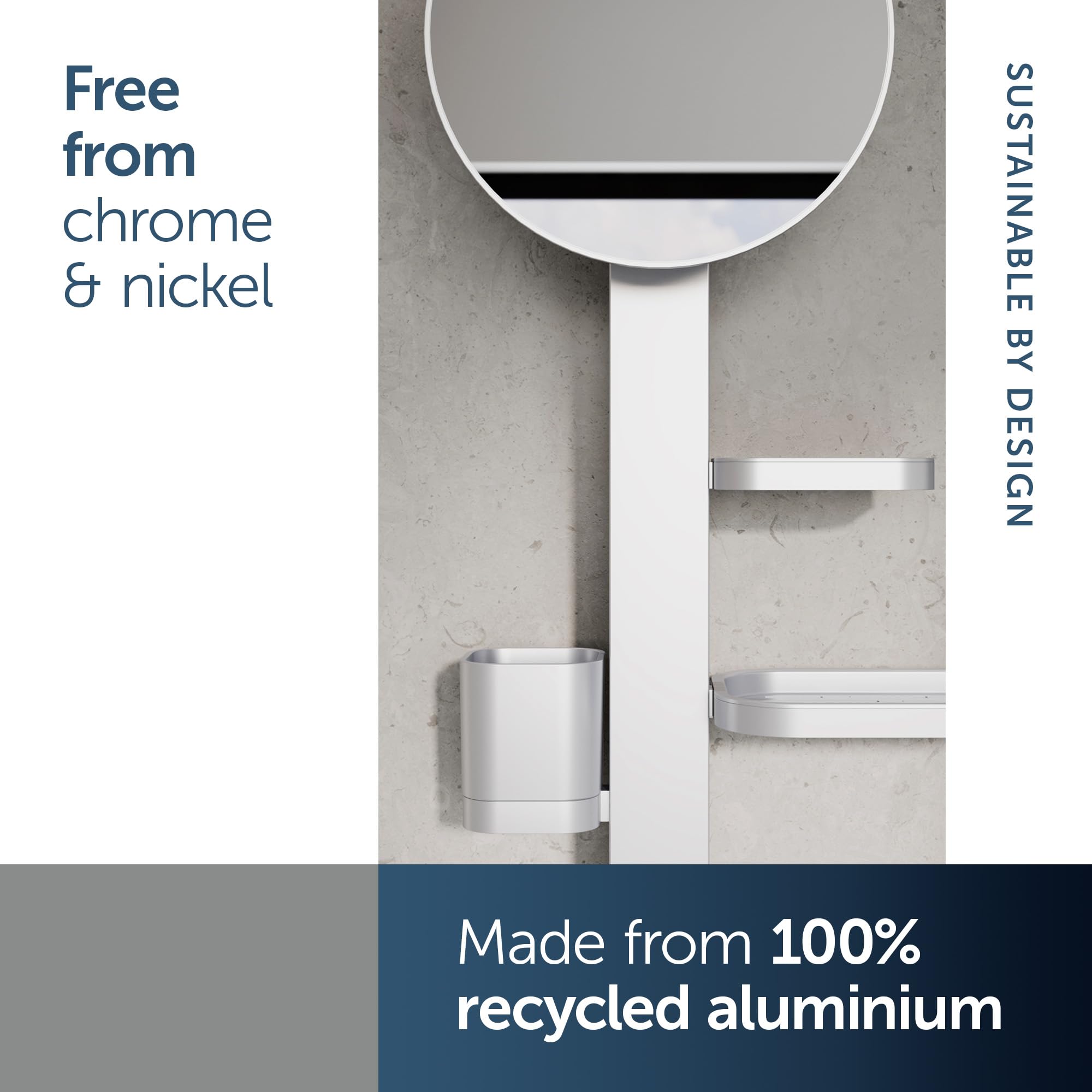 Ideal Standard Alu+ Beauty Bar, Accessoires-Kombination S, mit Ø 205 mm Kosmetikspiegel (3-Fach Vergrößerung) und verstellbaren Ablagen, aus 100% recyceltem Aluminium – Silber (310.5x160x717 mm)