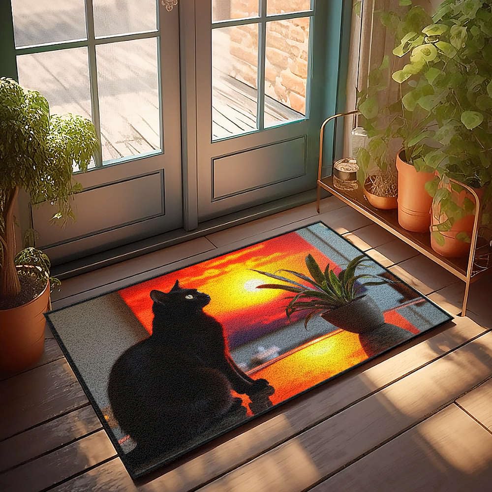 Paillasson extérieur automne 65x90cm avec chat noir et tapis d'entrée résistant pour grand balcon