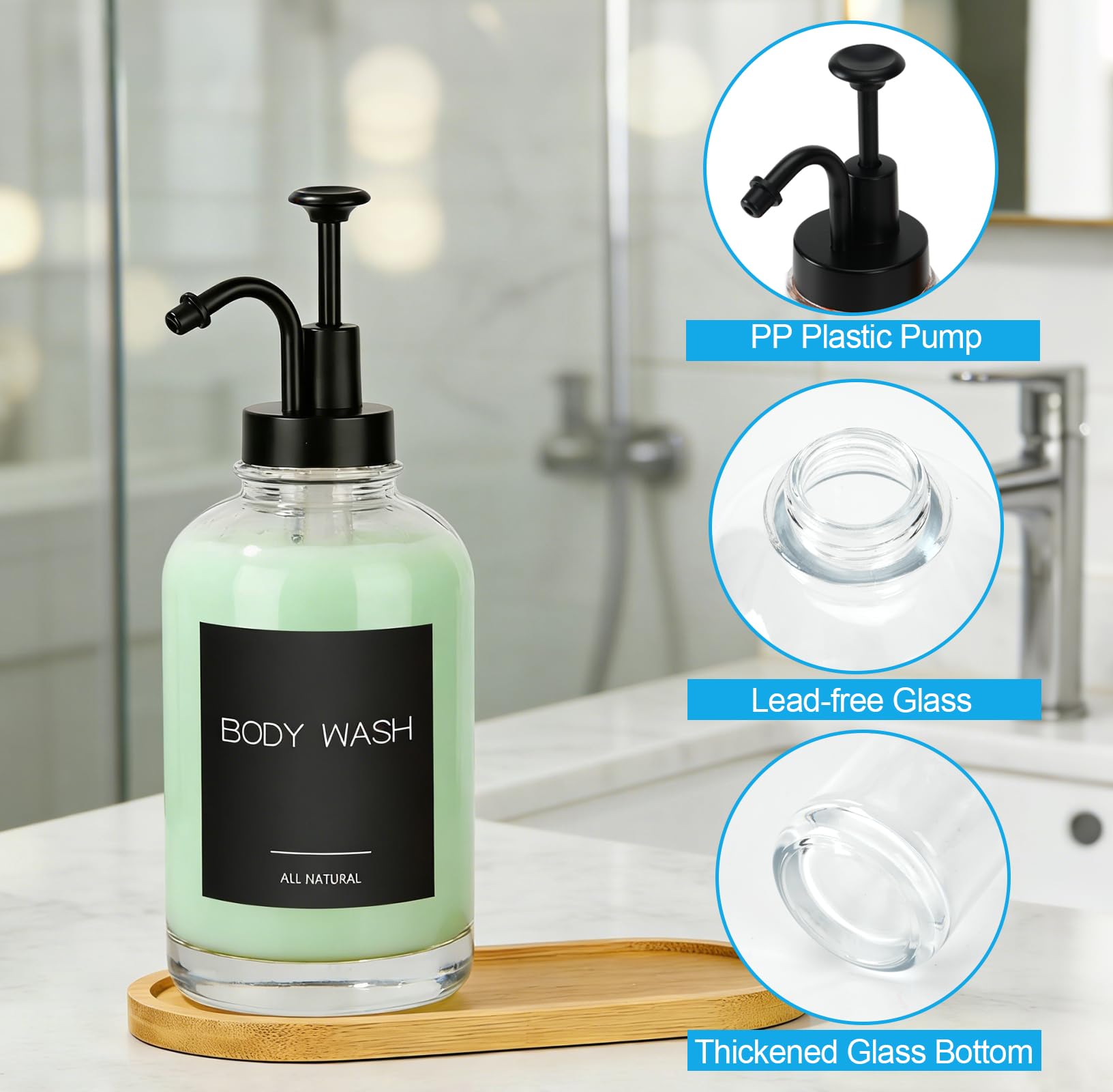 2 Pack Glass Soap Dispenser Set, 16.9oz/500ml Washing Up Liquid Dispenser with Bamboo Tray - Image 5