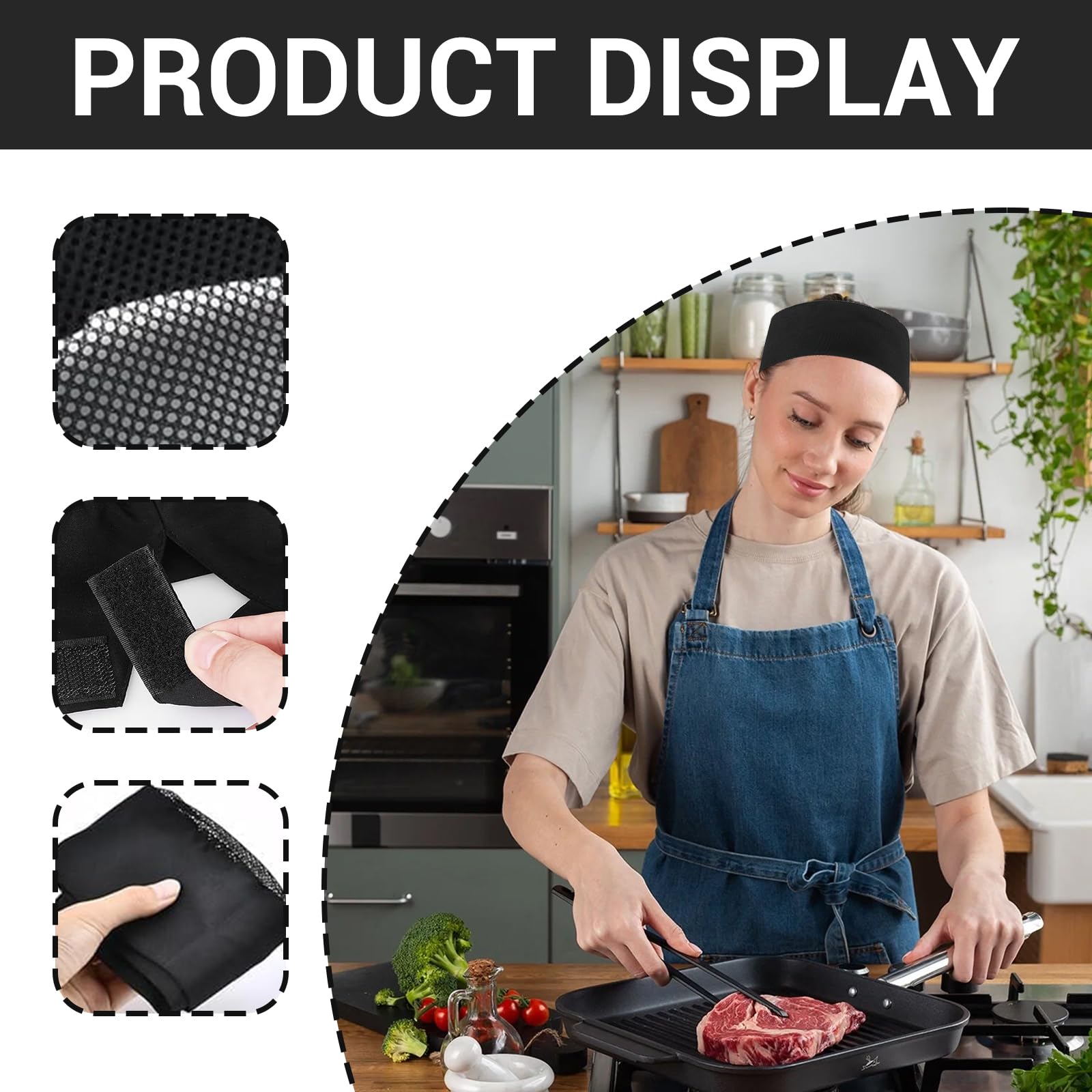 Lot de 3 chapeaux de chef noirs avec maille respirante, chapeau de cuisine réglable pour cuisine, salle à manger, Noir , 49