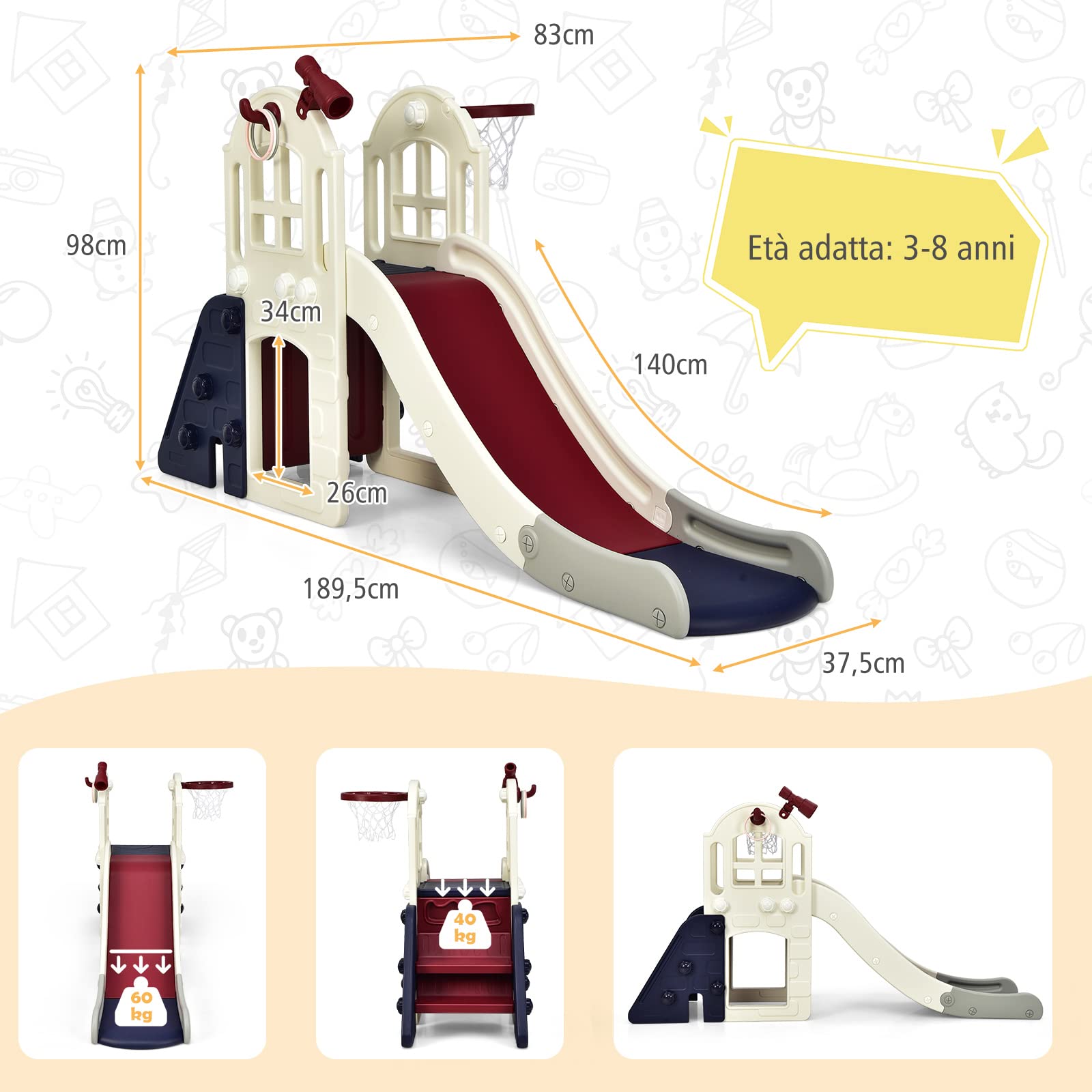 RELAX4LIFE 6 in 1 Scivolo per Bambini, Set Arrampicata Palestra con Canestro da Basket, Tunnel, Lancio dell'Anello, Telescopico, Scivolo per Esterni e Interni in HDPE per 3-8 Anni (Blu slittino)