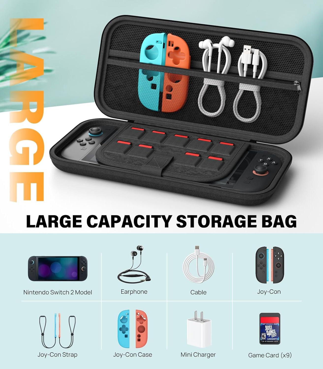 MoKo Switch 2 Accessories Bundle Kit for Nintendo Switch 2 (2025), 14 in 1 Gift Kit with Carrying Case, Protective Cover, Clear TPU Joycon Case, 2x Screen Protectors and 8x Thumb Grip Caps, Black - Image 3