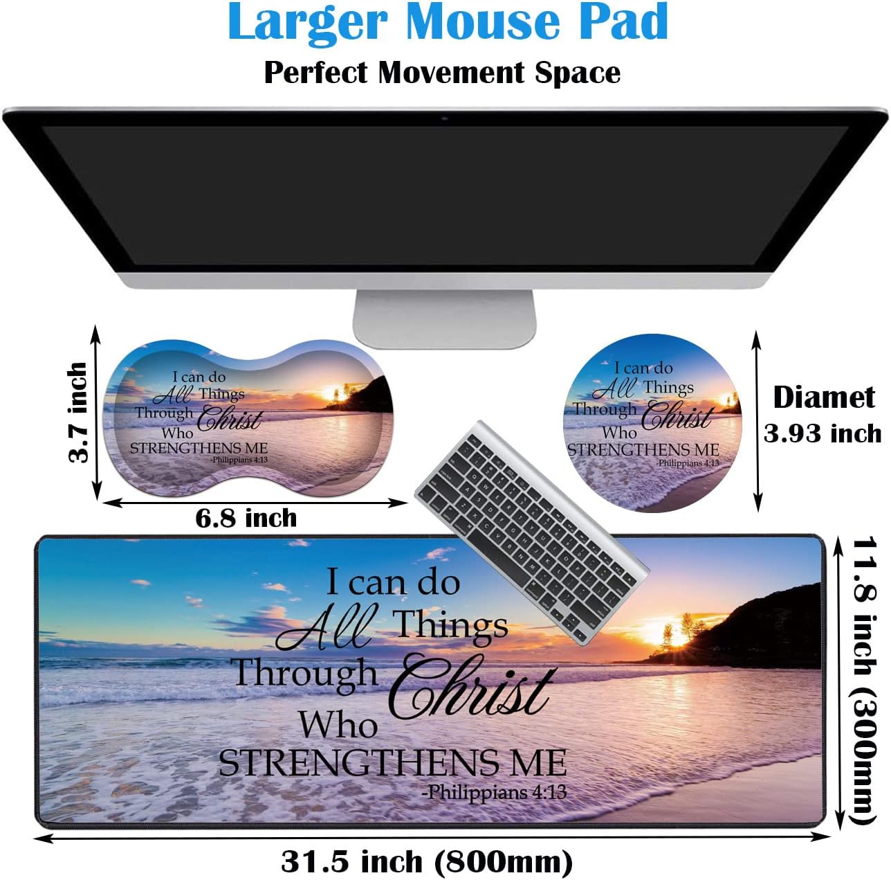 3 Piece Mouse Pad Set with Stitched Edge Large Anti-Slip Mouse Pad Desk Pad Keyboard Pad + Wrist Rest Pad + Coaster, Memory Foam Wrist Rest for Office/Home, Bible Verse Philippians 4-13