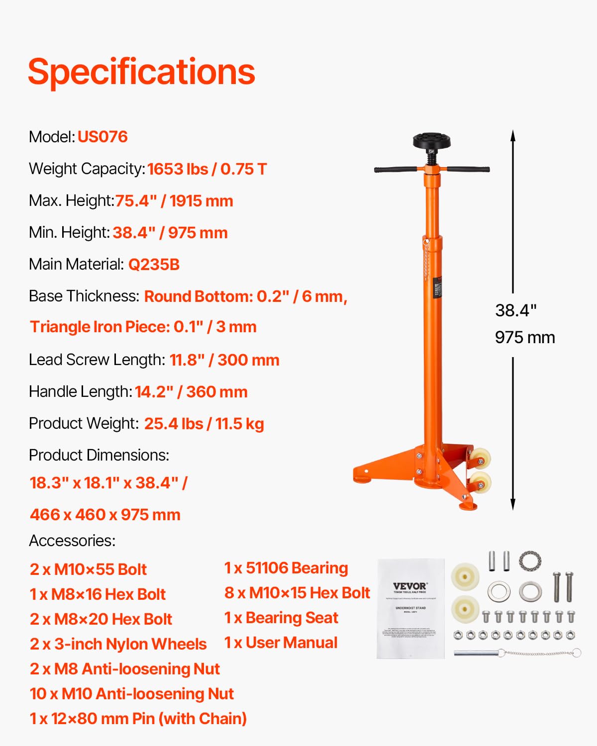 VEVOR Soporte de Gato para Polipasto Inferior, Capacidad 0,75 T, Elevación de 975 a 1915 mm, Manija Giratoria Montada en Cojinete, Tornillo Roscado Autoblocante, Dos Ruedas, 466 x 460 x 975 mm
