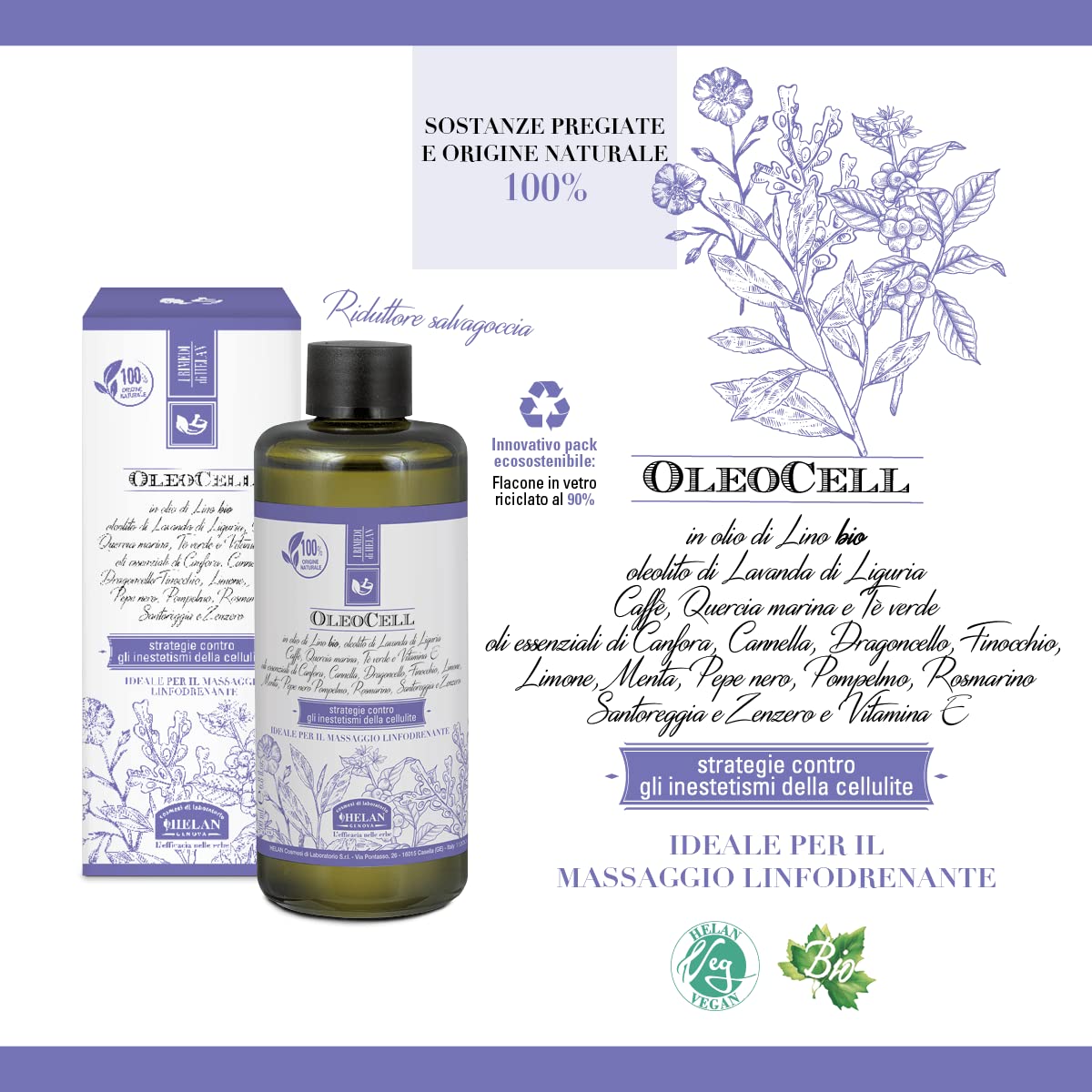 Helan, Oleocell, Aceite de masaje drenante linfático, Aceite corporal anticelulítico, 200 ml