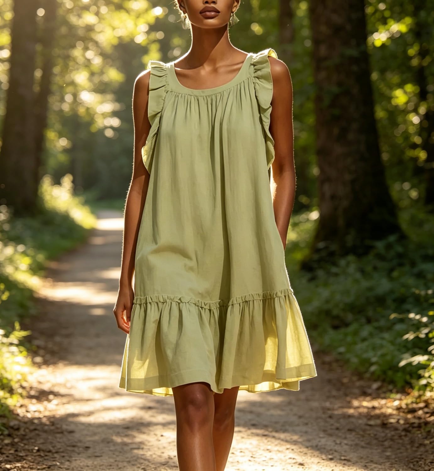 Minivestido Verde para Mujer, Estilo vacacional, sin Mangas, de Corte Holgado y con Volantes; Vestido de Verano Fluido con Dobladillo de Volantes, Ideal para la Playa y Vacaciones.