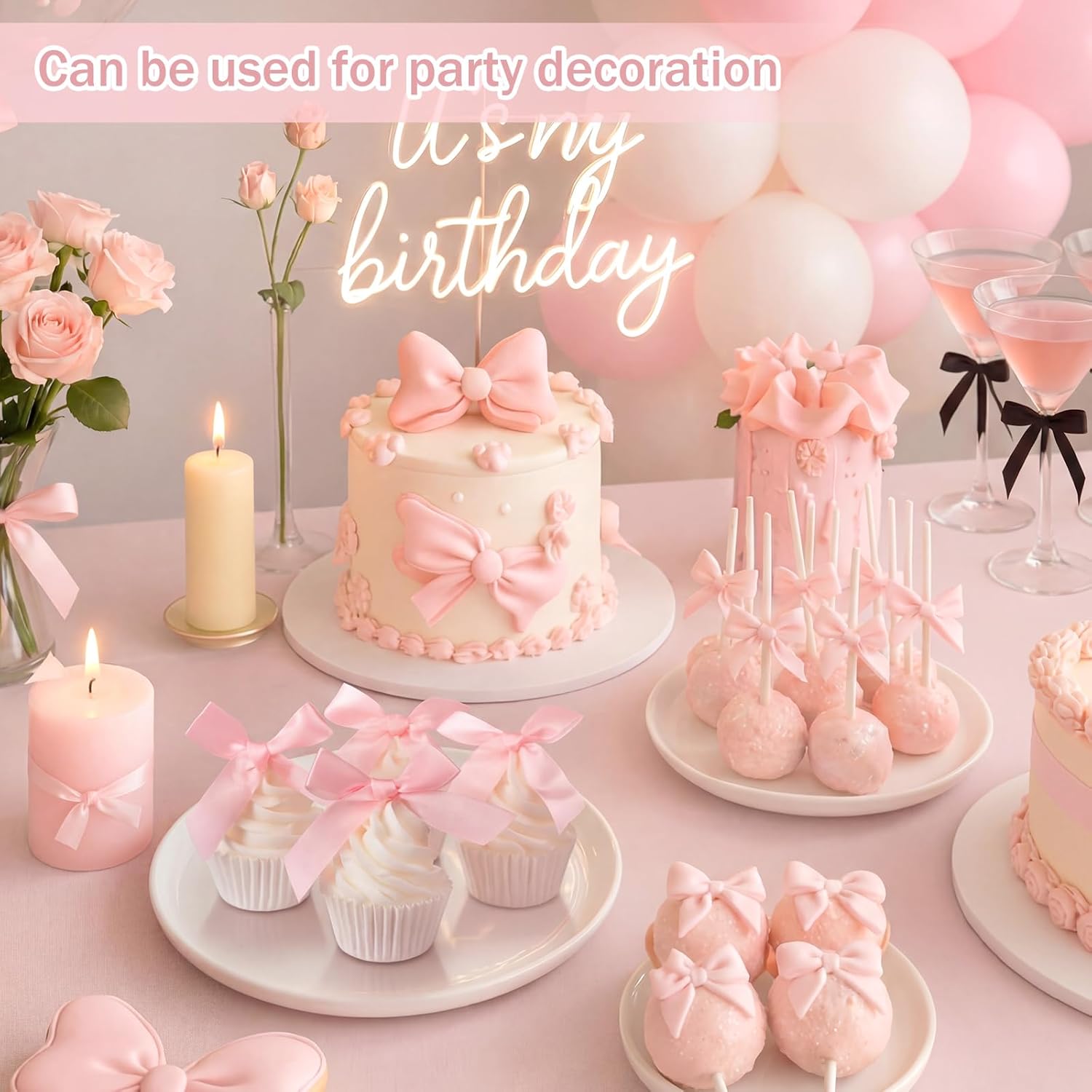 Fiwochic 4 Pcs Pink Bow Fake Cupcakes Coquettish Artificial Cake Desserts Pink Bow Fake Birthday Cupcake Photography Props Decor for Wedding Baby Shower Party Display