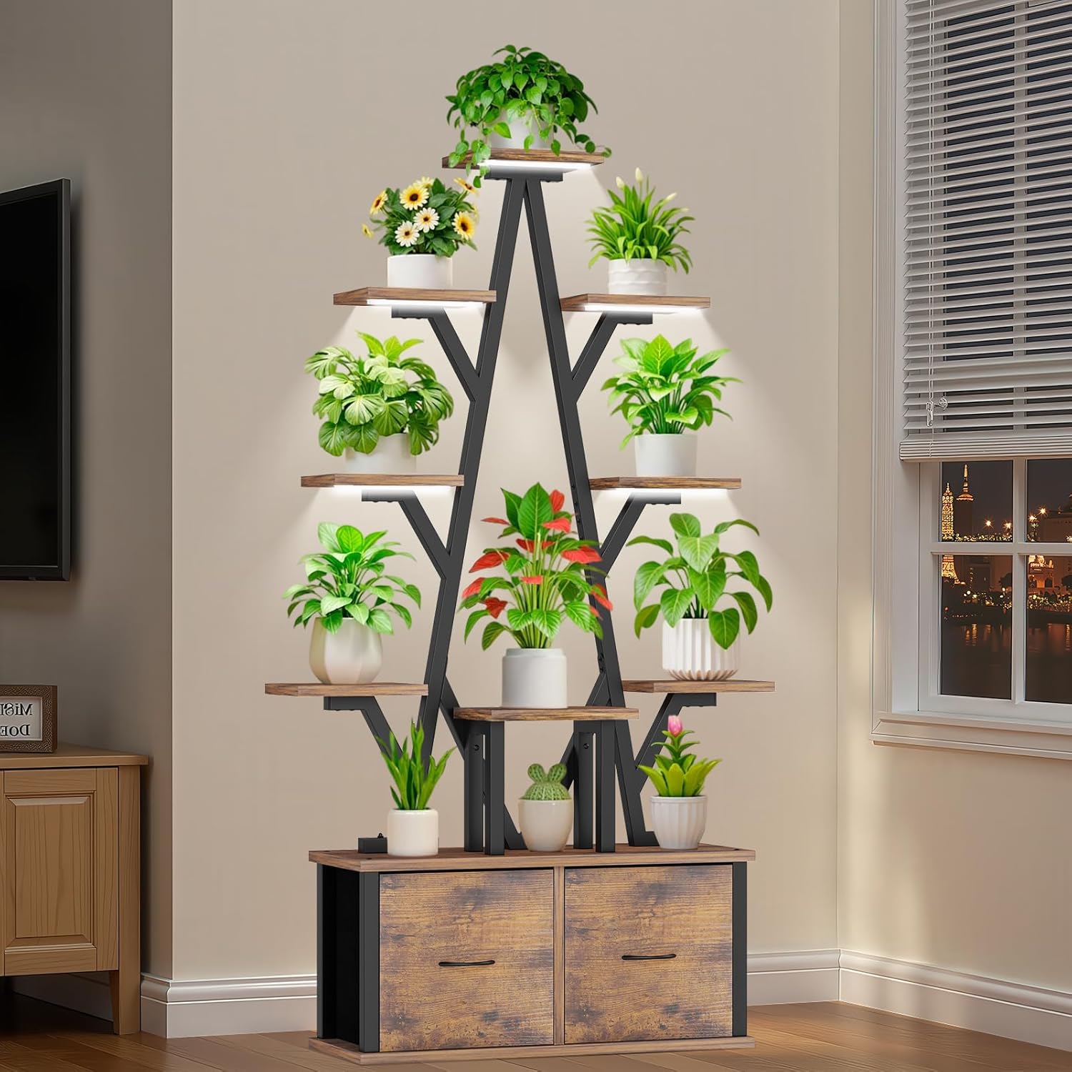 Plant Stand Indoor with Grow Lights - 10 Tiered Plant Shelf with 2 Removable Drawers, 65" Tall Plant Shelf with Grow Light Holds 13 Pot Plants, Christmas Tree Shaped Plant Stand for Home, Living Room