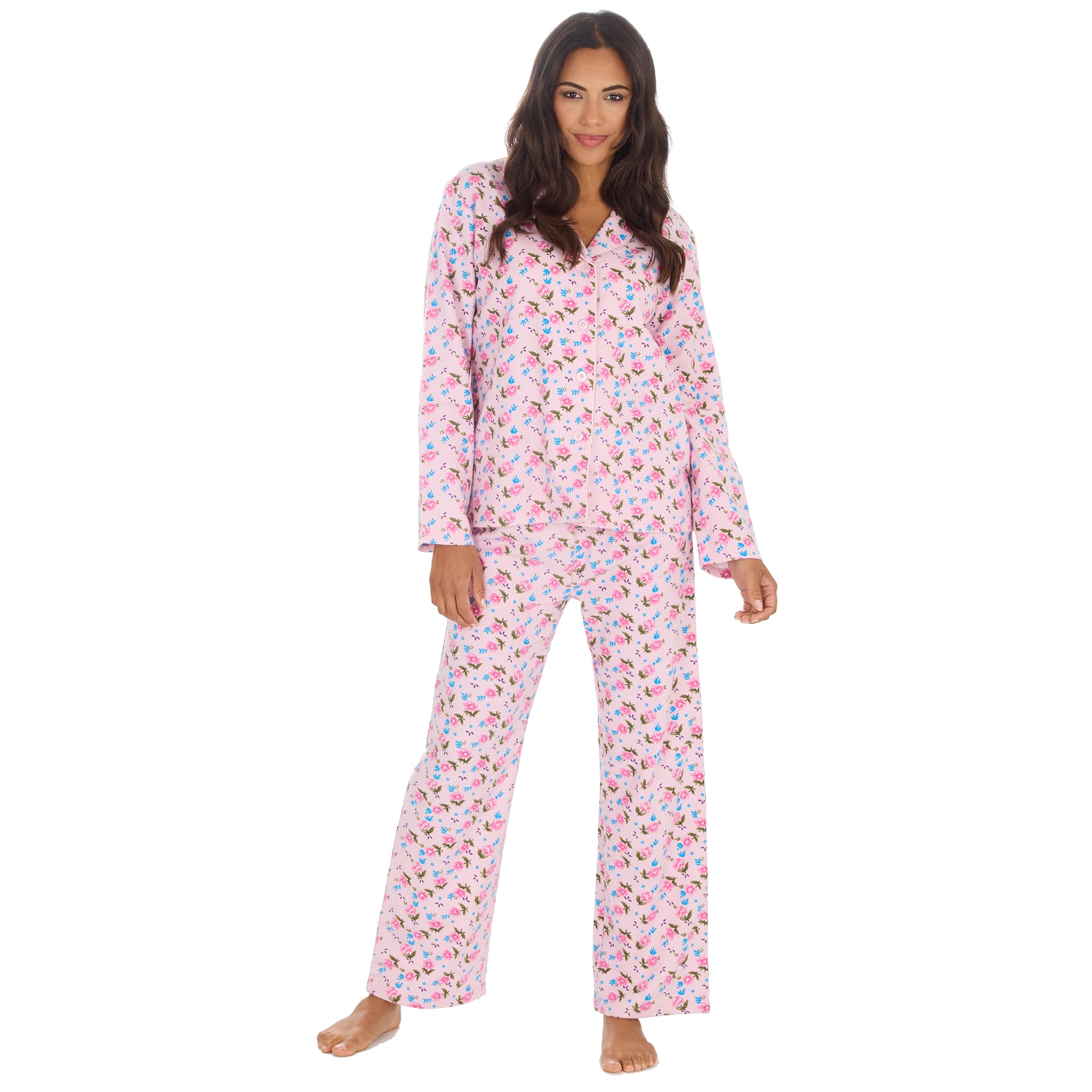WS-AW24 Ladies Floral 100% Cotton Pyjama Set Flowers All Over Print Buttoned Longline Classic Pyjamas Pink UK 18-20