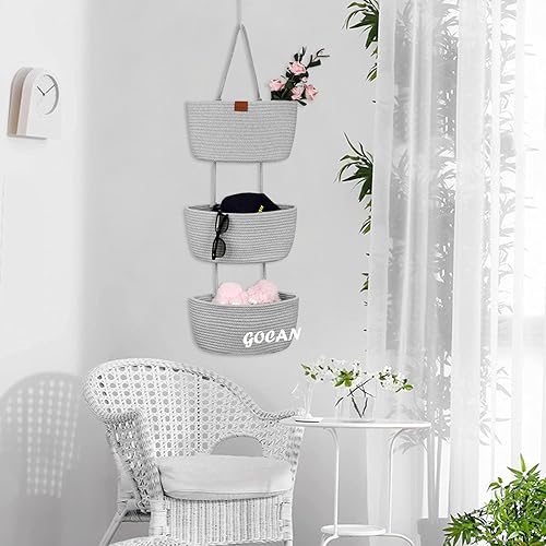 Miniatura 8 de GOCAN Cestas de almacenamiento colgantes sobre la puerta, cesta colgante tejida de cuerda de algodón de 3 niveles, cestas colgantes decorativas