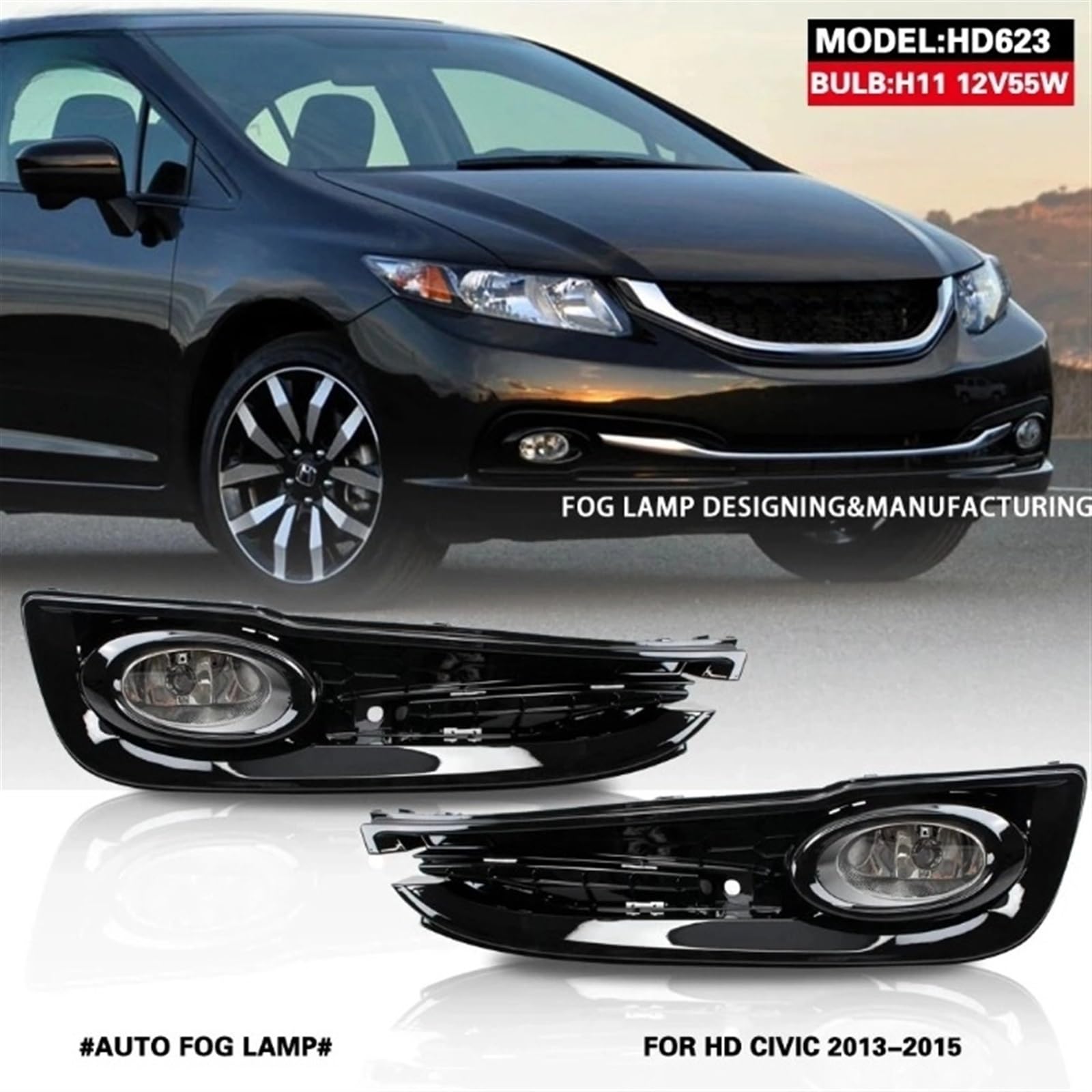 ELOEQCVZ Compatible For CIVIC 2013 2014 2015 Front Fog Lights Car Styling Spot Light Fog Lamps With Switch - 1 Pair