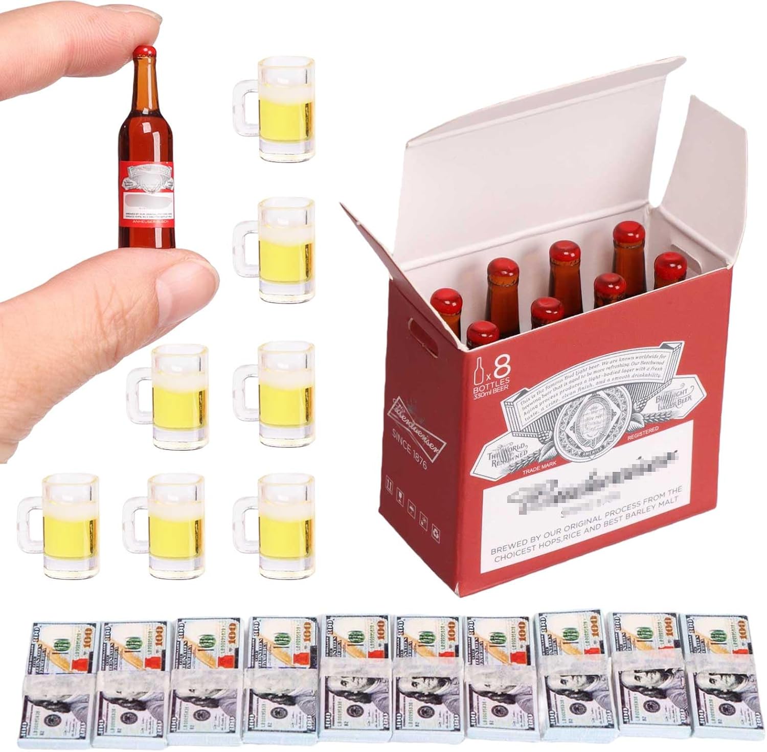 1 Set Doll Props 1/6 Scale Mini Beer Bottles with Glasses&Box Set Mini Money Model for Miniature Doll Accessories Action Figure Props, DIY Crafts,RC Crawler Car Accessories Tiny Collectibles