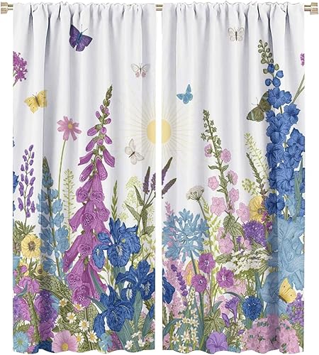 Miniatura 77 de Retro 70s Floral Blackout Window Curtains, Watercolor Flower Plant Rustic Modern Style Pattern Window Drapes, for Bedroom Living Room 42x45in 2