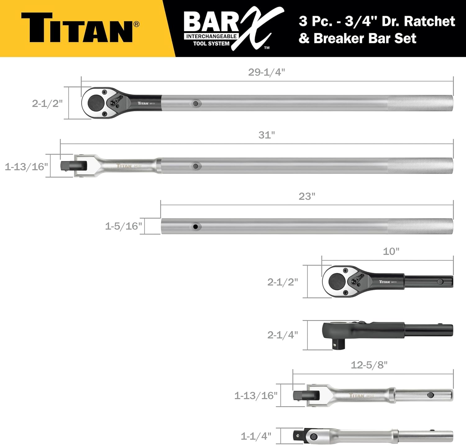 Titan Bar-X 64143 3-Piece 3/4-Inch Drive Interchangeable Ratchet and Breaker Bar Set