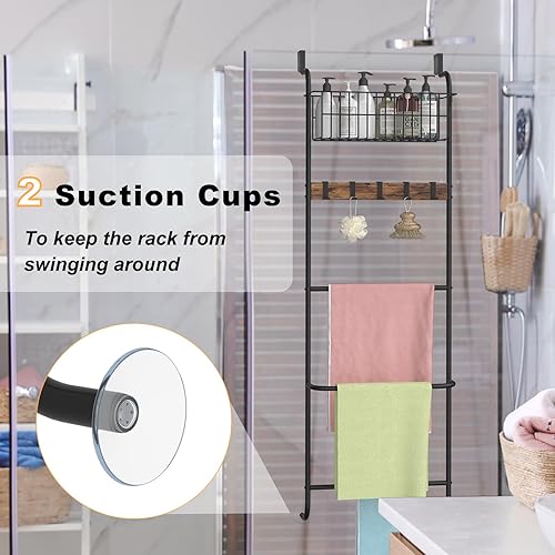 Miniatura 6 de Toallero sobre la puerta con cesta superior para baño, granja, sala de estar, marrón