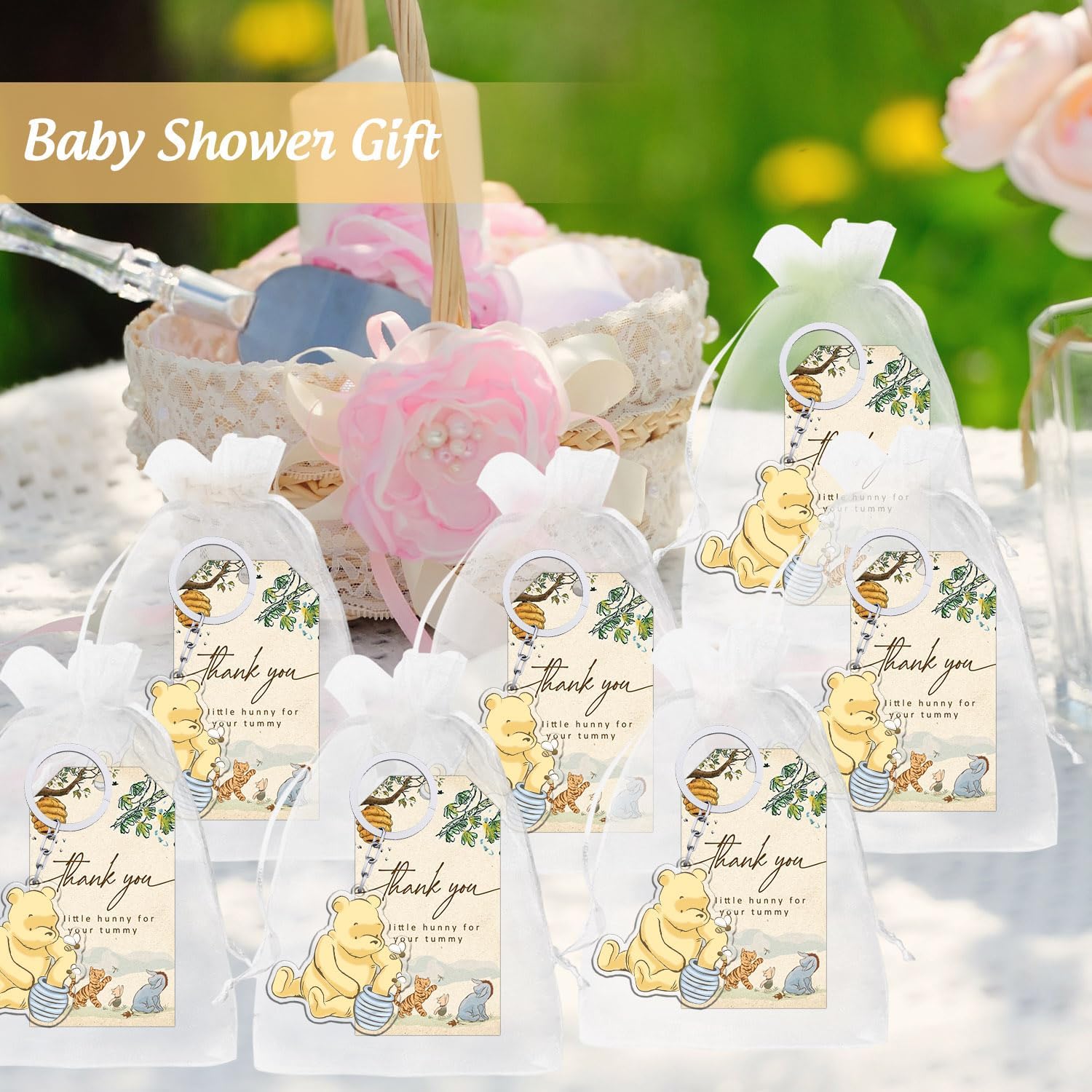 60 Pcs Winnie Baby Shower Set, 20 The Pooh Acrylic Keychains with 20 Thank You Tags 20 Organza Bags, Winnie Party Decorations, The Pooh Acrylic KeyChains for Baby Shower Gender Reveal Party Favors