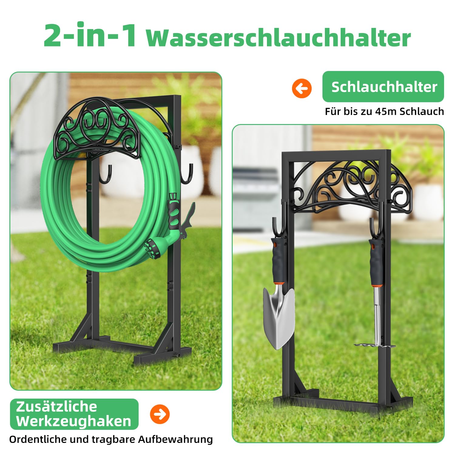 Soporte para manguera de Jardin de 109,5 cm, Soporte para Manguera de Riego de 45 m, con 2 Ganchos para Herramientas y 4 Puntas de Anclaje, Soporte e Independiente para el Jjardín y el Césped