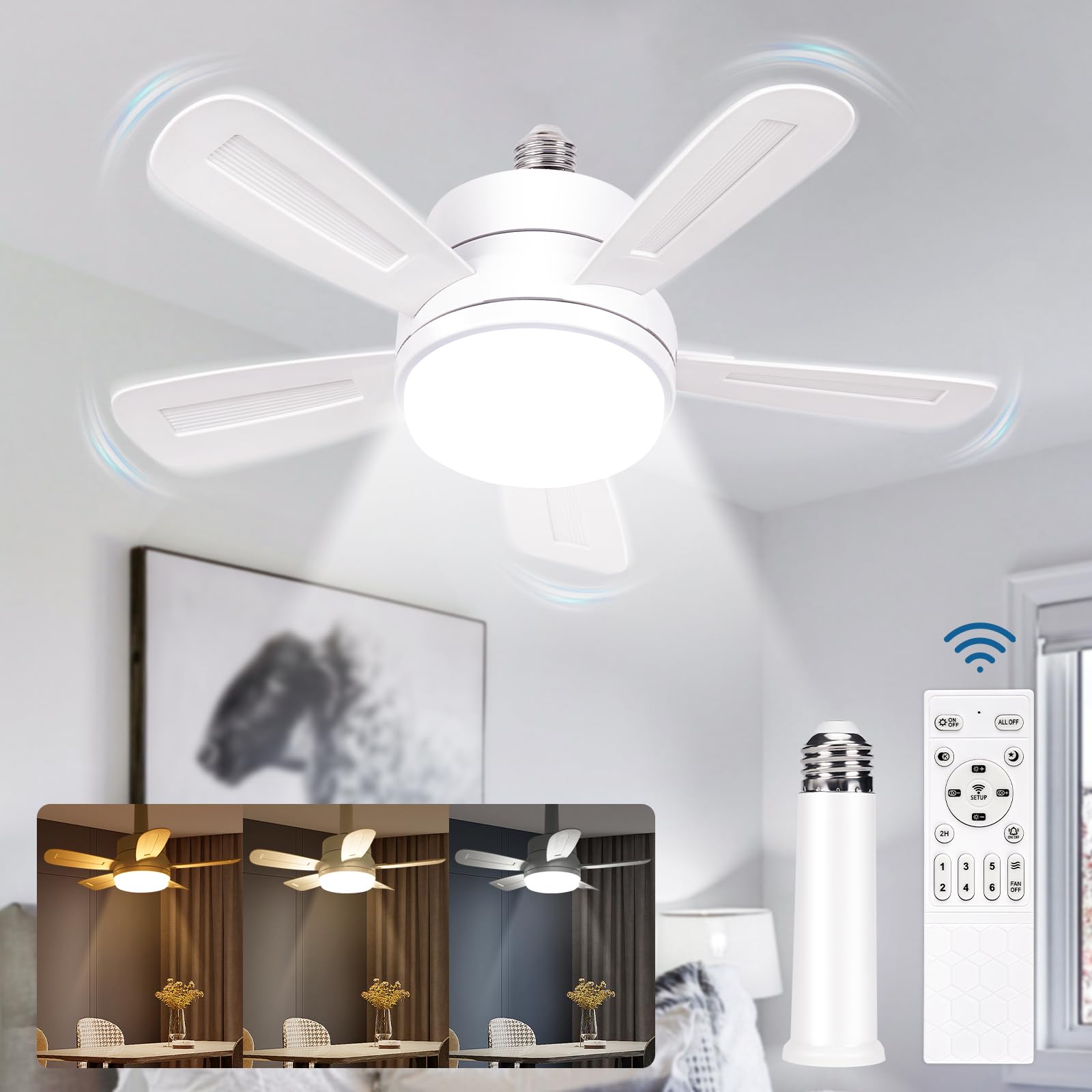 VARICART Socket Fan Light, 15.7" Socket Ceiling Fans with Lights and Remote, 6 Speeds, 1200 Lumen 3 Color 3000K-6000K Dimmable Quiet Light Bulb Fan with Timer for Bedroom Kitchen, Small Rooms-E26 Base