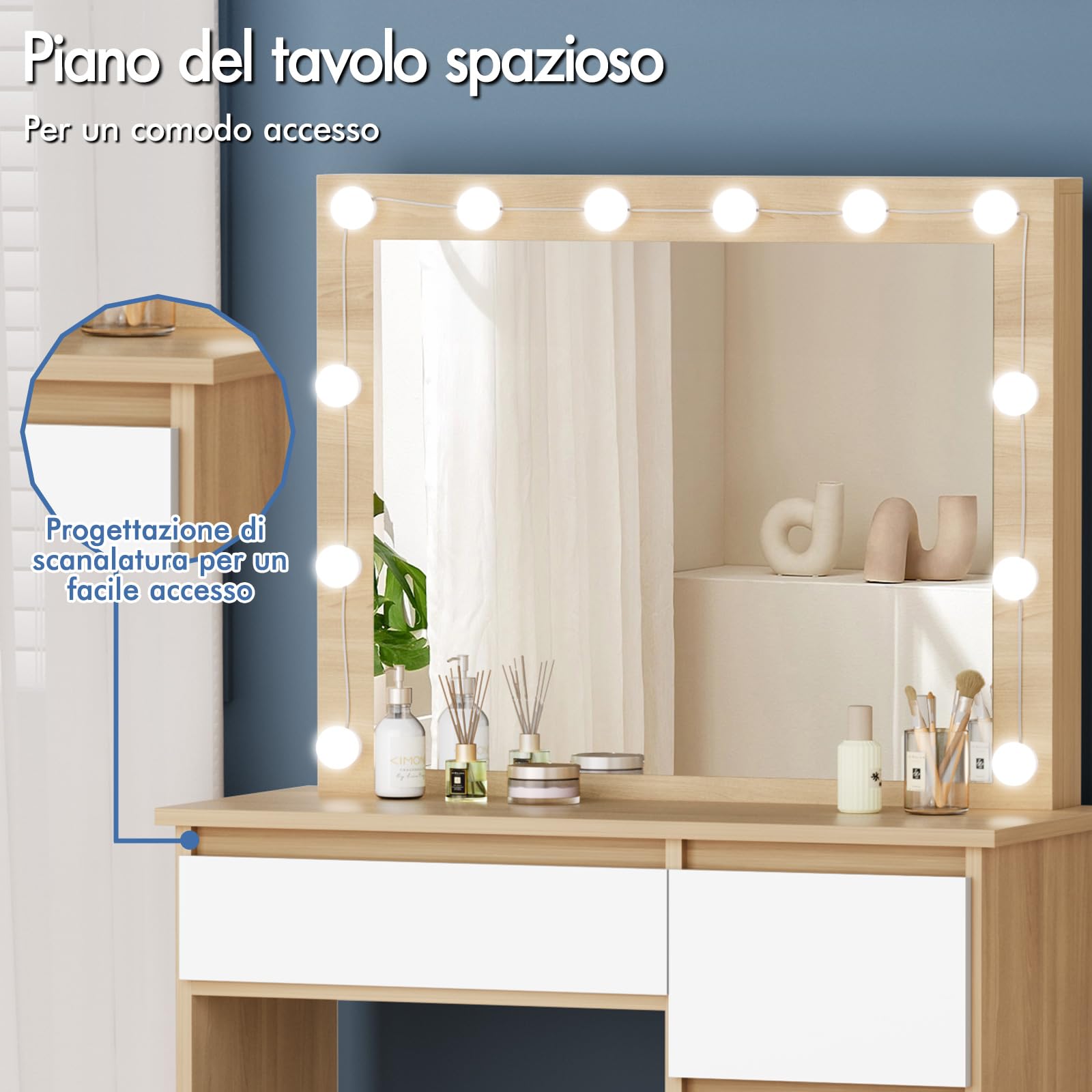 ALFORDSON Scrivania da trucco con specchio e luci, set da trucco da 90 cm con 4 cassetti e sgabello portaoggetti, luci LED regolabili, tavolo da toeletta per camera da letto di donne e ragazze, Legno