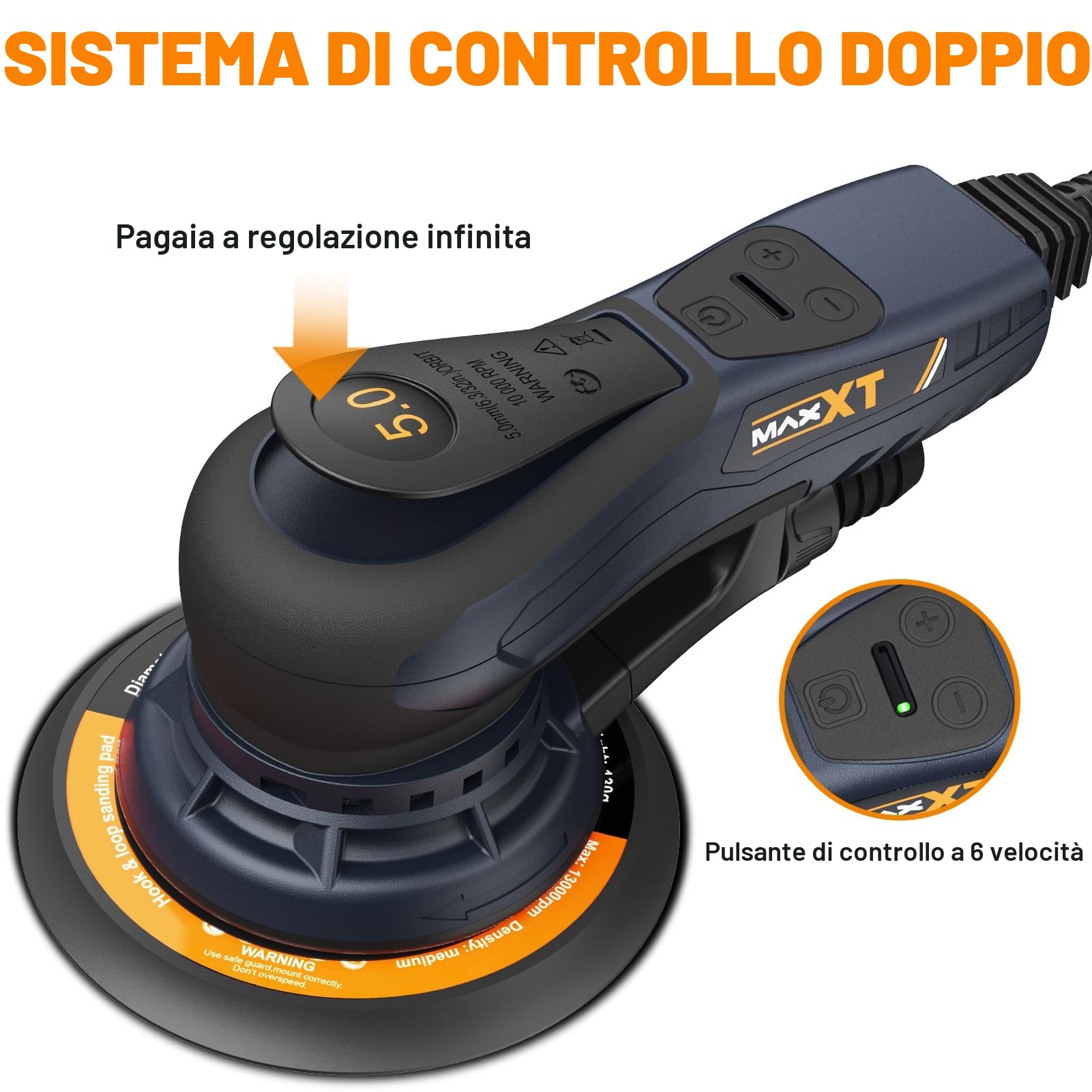 Levigaorbitale MAXXT 5,0mm brushless | Plateau doppio 150mm & 125mm | Motore EC 350W | 4000-10000 RPM | Scatola stampata | 20 carte abrasive per legno e lucidatura