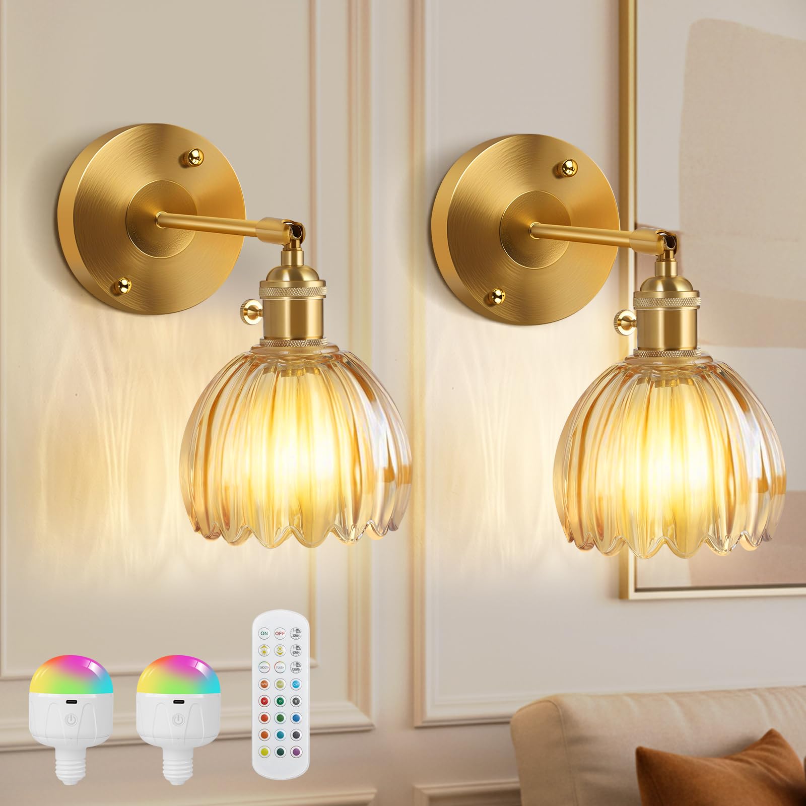 Akku Wandleuchte Innen 4000mAh Retro 2 Stück, Gold LED Wandlampe ohne Stromanschluss mit Glas Tulpe Schirm, Dimmbar & RGB Speicherfunktion Timer Fernbedienung für Schlafzimmer Flur Wohnzimmer