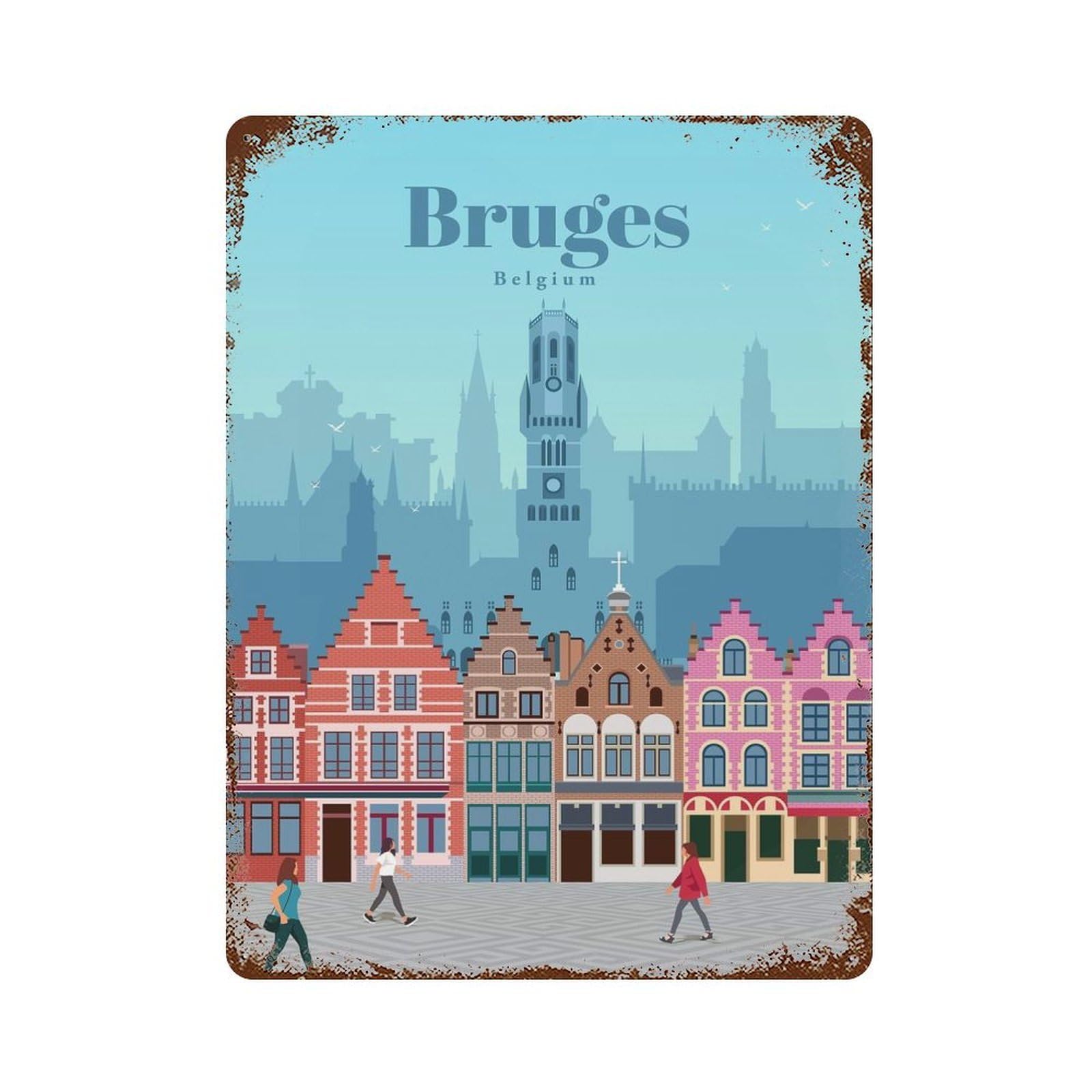 Travel to Bruges Weathered Tin Sign 15.7"x11.8", Retro Wall Decor for Pub, Kitchen And Man Cave Decor